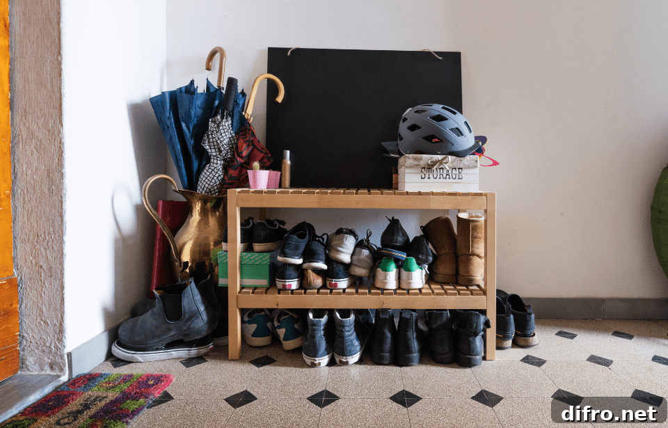 A crowded, full shoe rack.