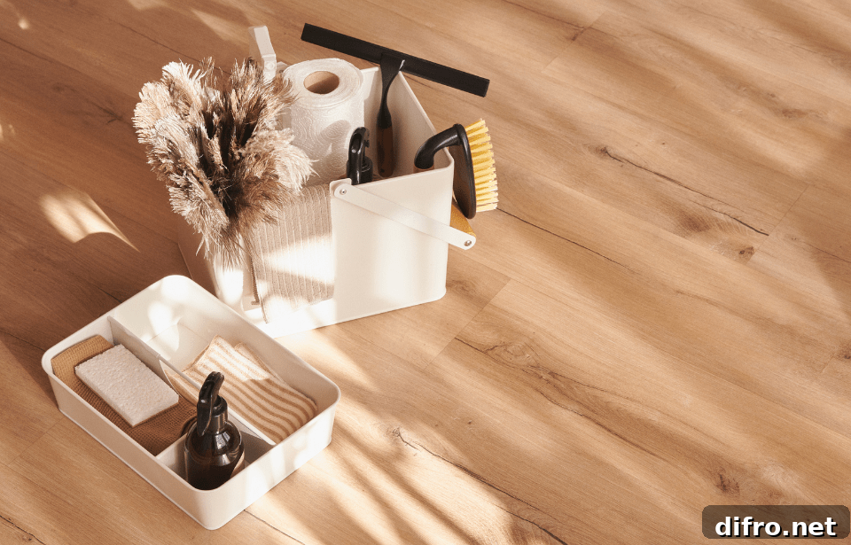 Cleaning supplies in dedicated baskets on the floor.