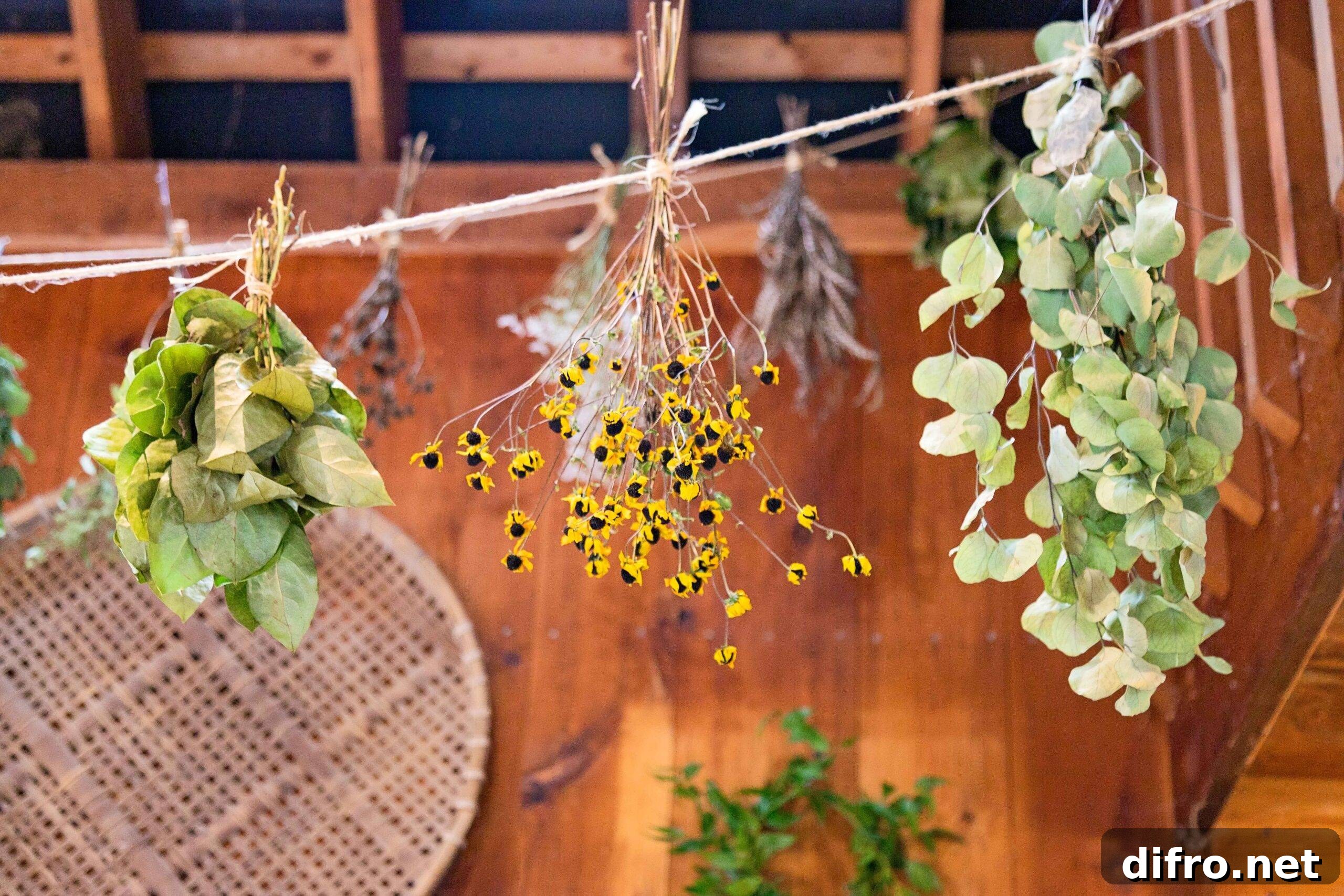 Bundles of flowers and leaves being hung upside-down from a string.