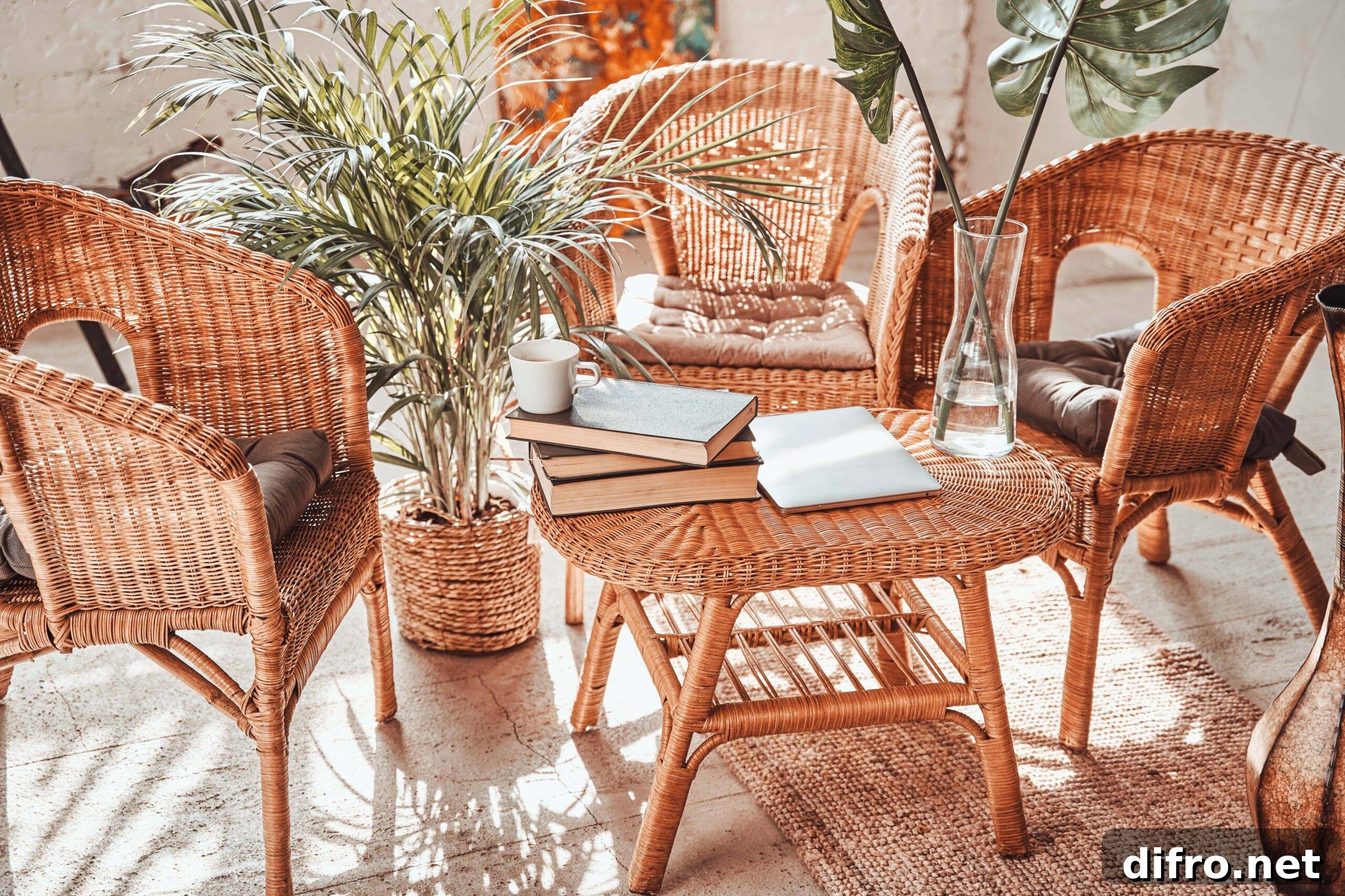 A set of 3 rattan chairs and a small coffee table in the middle.