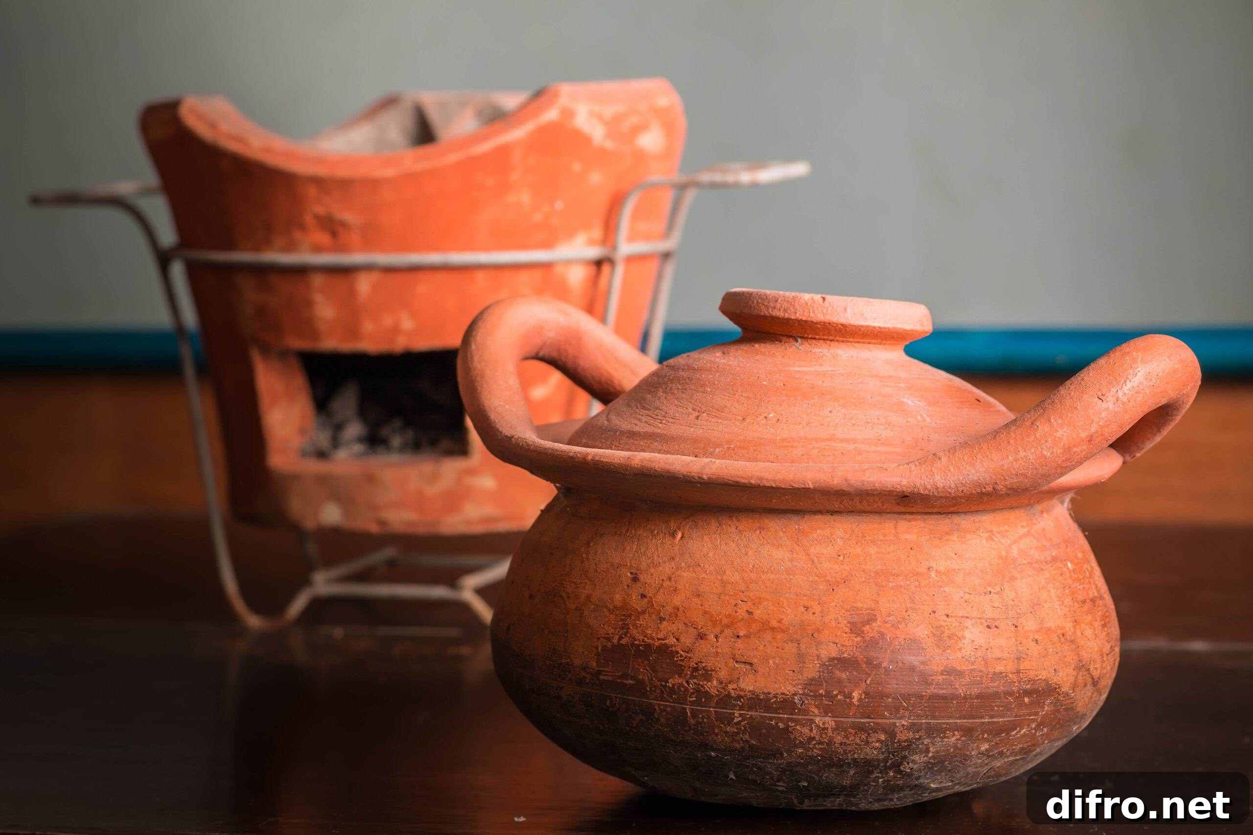 Clay pots and charcoal on old wood.