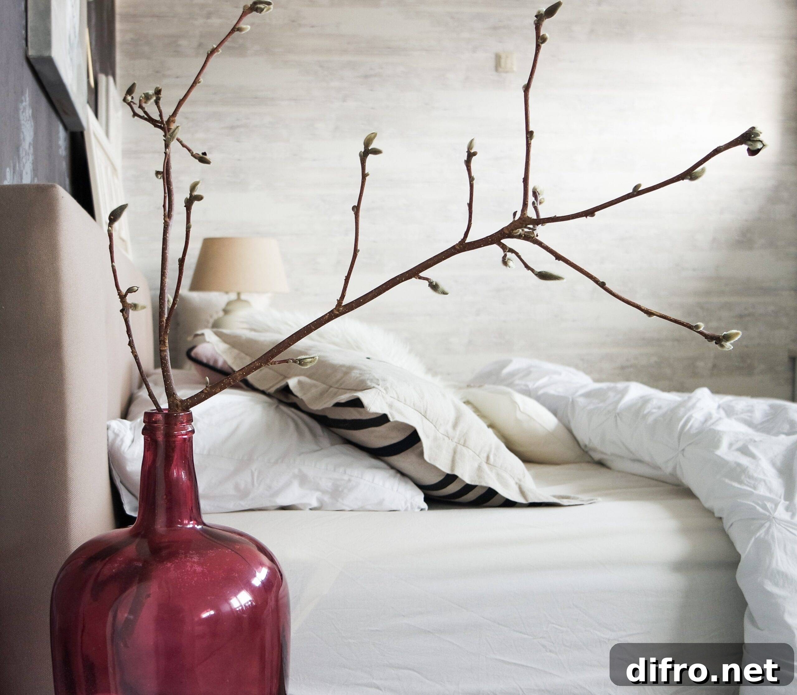 A red vase with some large decorative branches in it next to a bed.