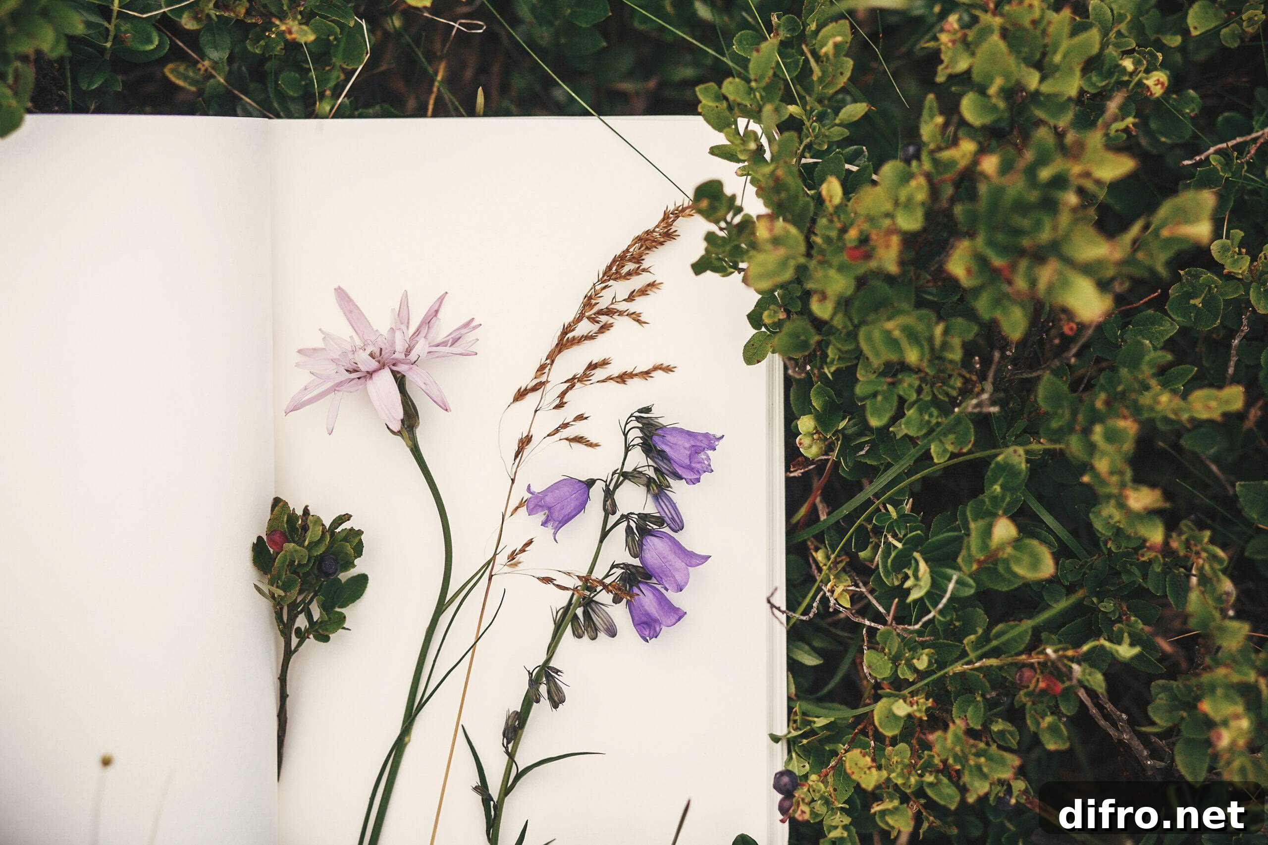 Top view of wildflowers and gathered herbs on paper notebook on blueberry bushes in mountains.