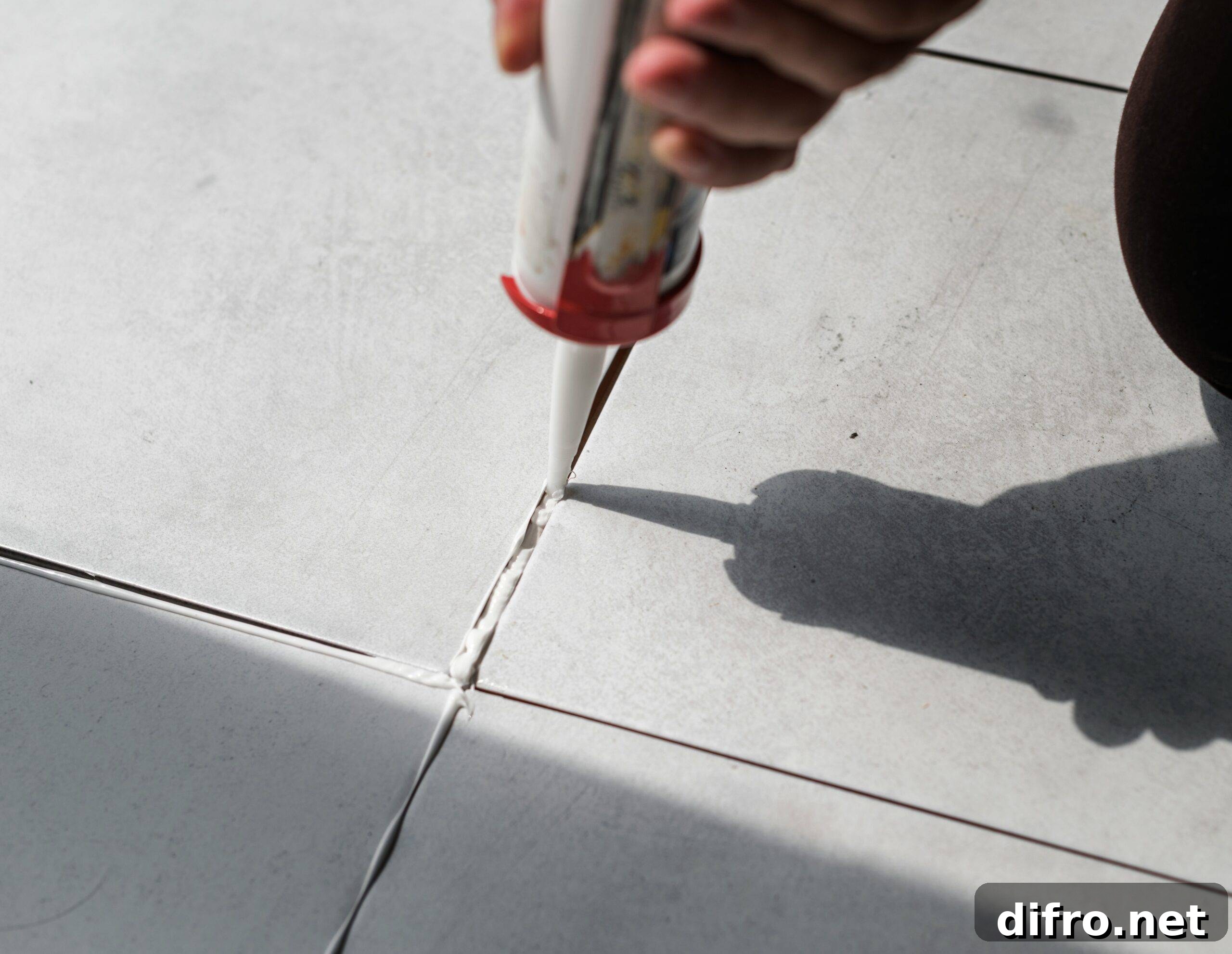 A close photo of someone filling gaps between tiles.