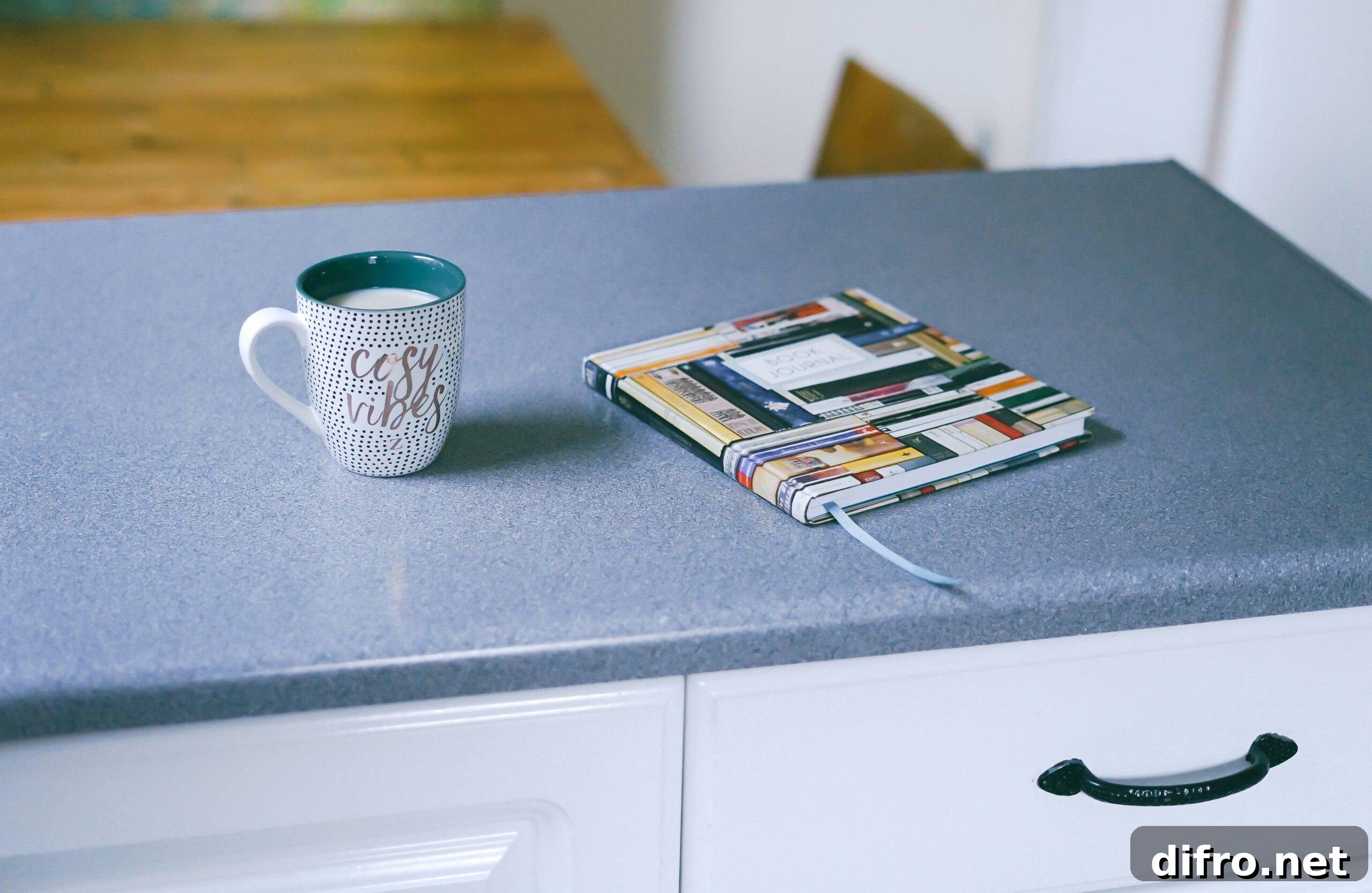 A kitchen counter with a mug and journal on it.