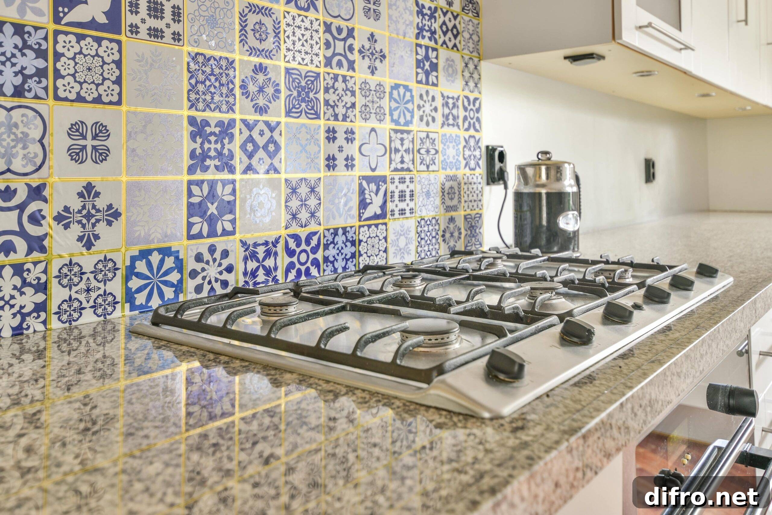 A stove with a busy tile backsplash behind it.
