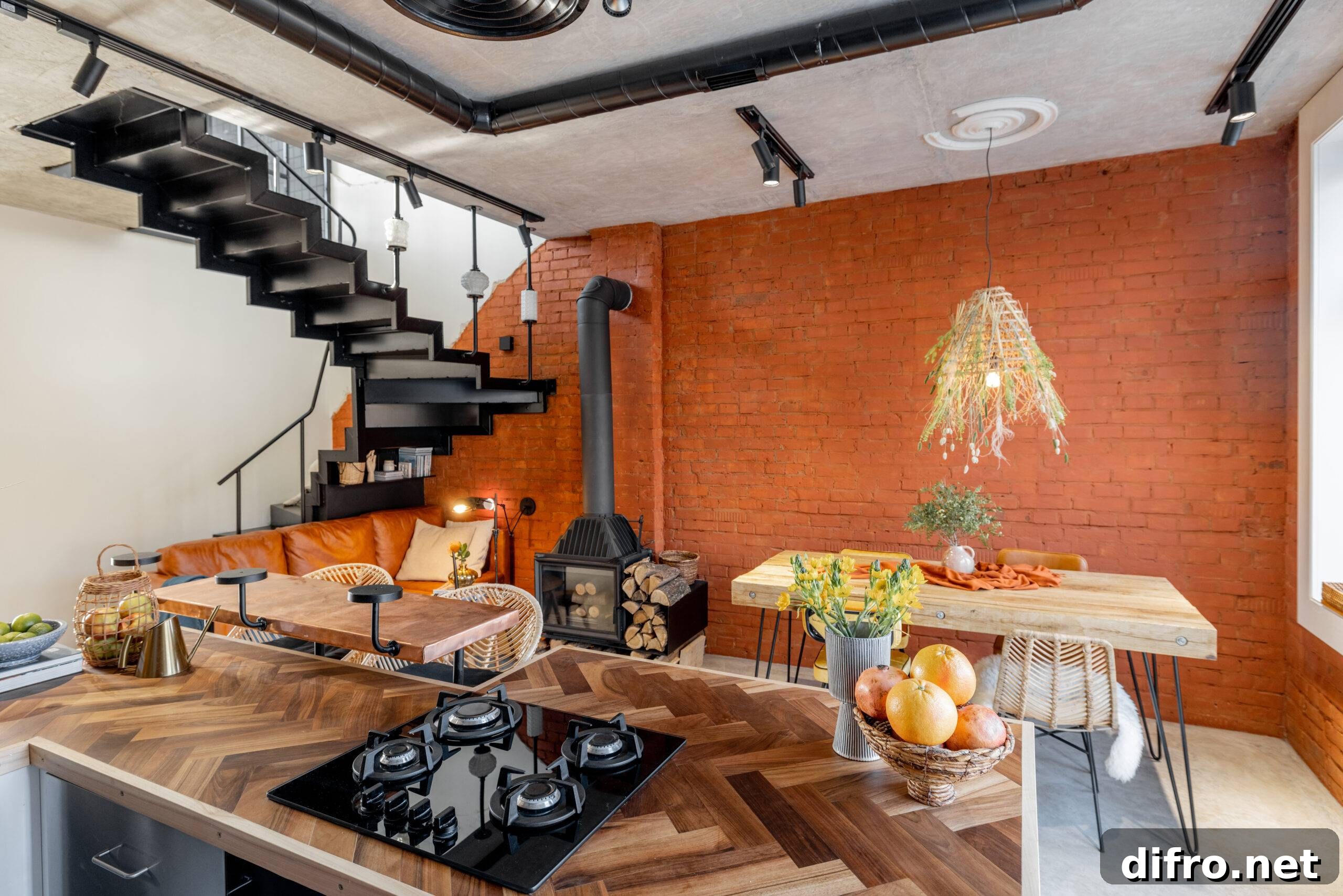 Style Your Home Like a Professional Interior Designer 3 Stylish house living room interior in mixed style with the use of natural materials in finishing and furniture. Brick wall, concrete floor, ceiling, metal stairs, wooden table