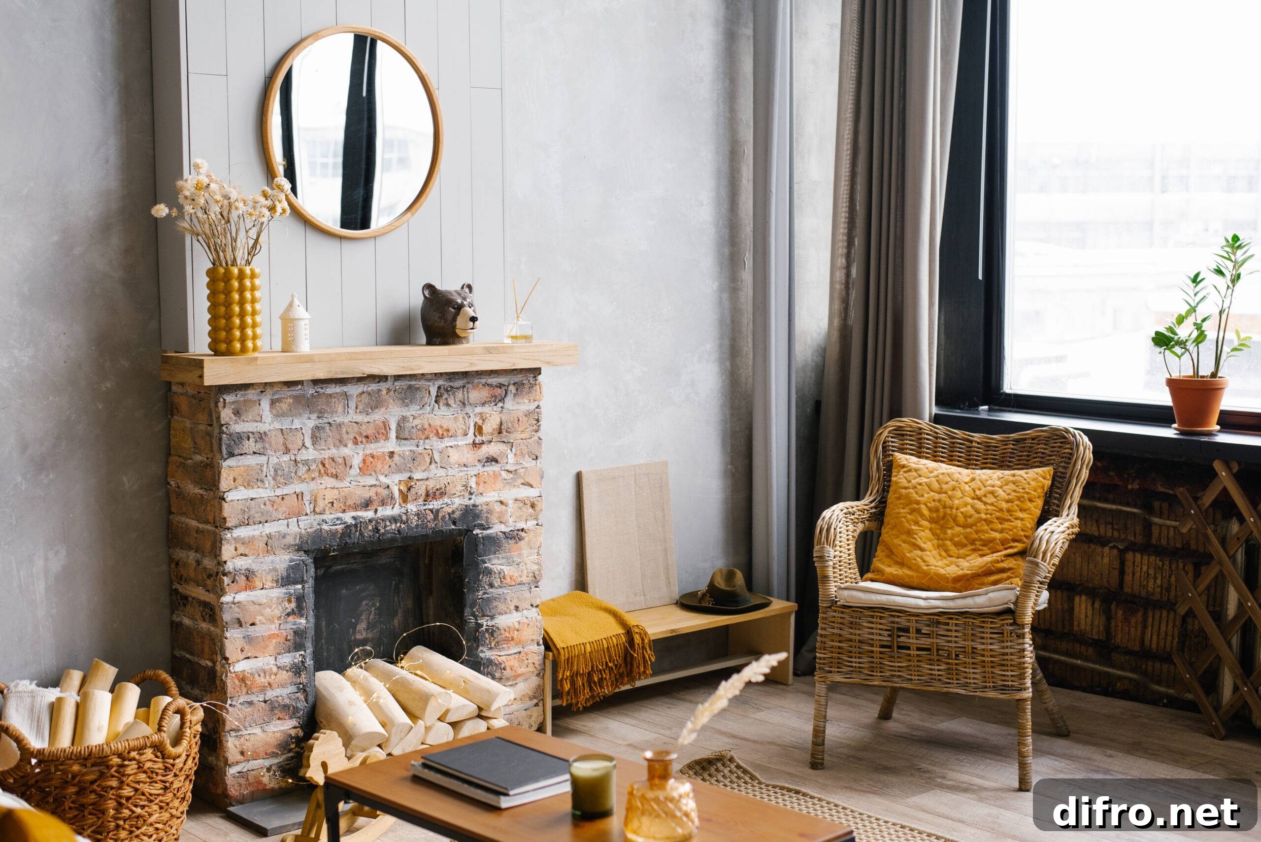Style Your Home Like a Professional Interior Designer 5 Cozy interior of the living room rattan chair and Fireplace. Rustic design of the House for a Warm Interior Space of an Alpine Holiday. Modern decor of the living room of the house. Scandinavian style.
