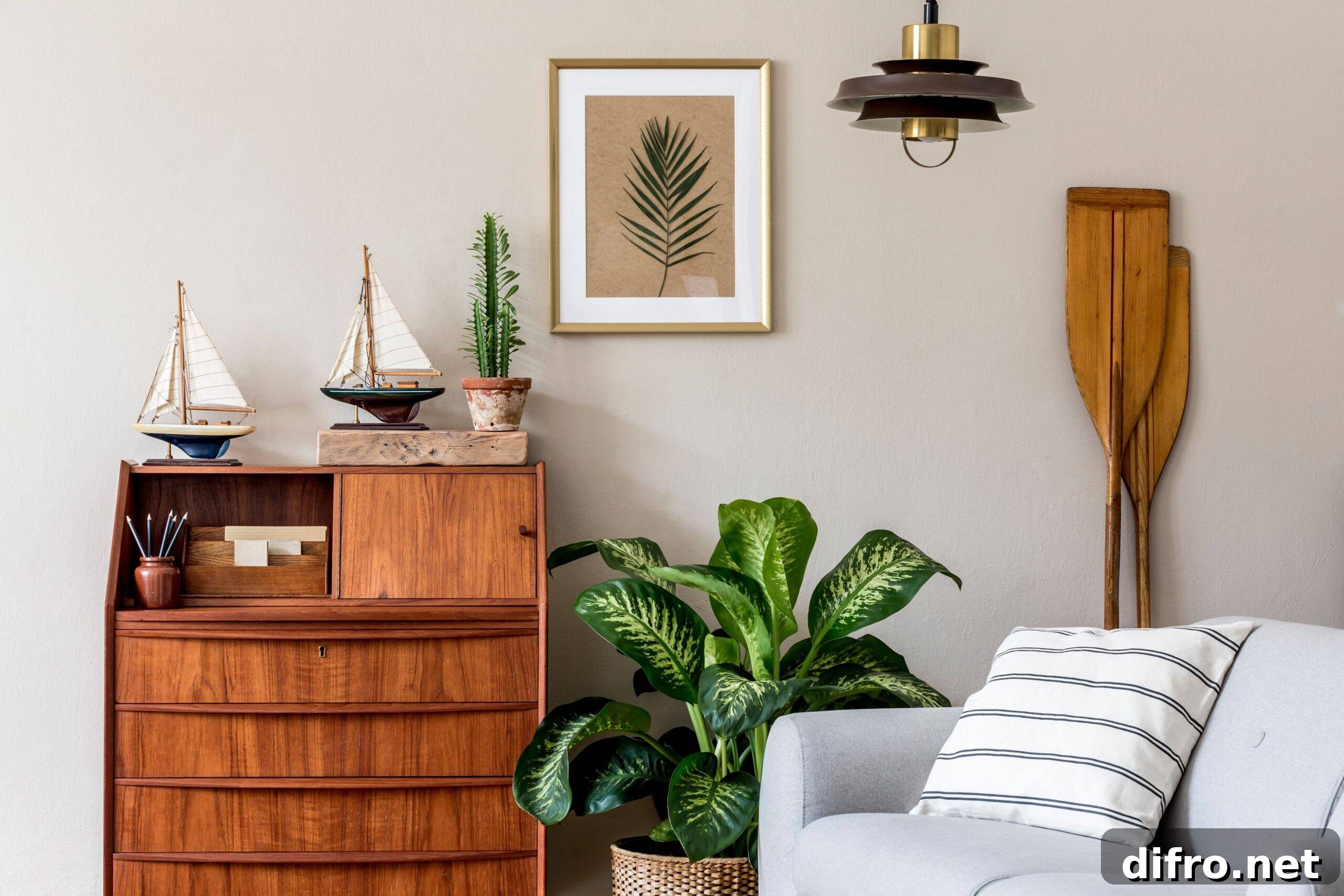 A small section of a living room that features some nice nautical decor.