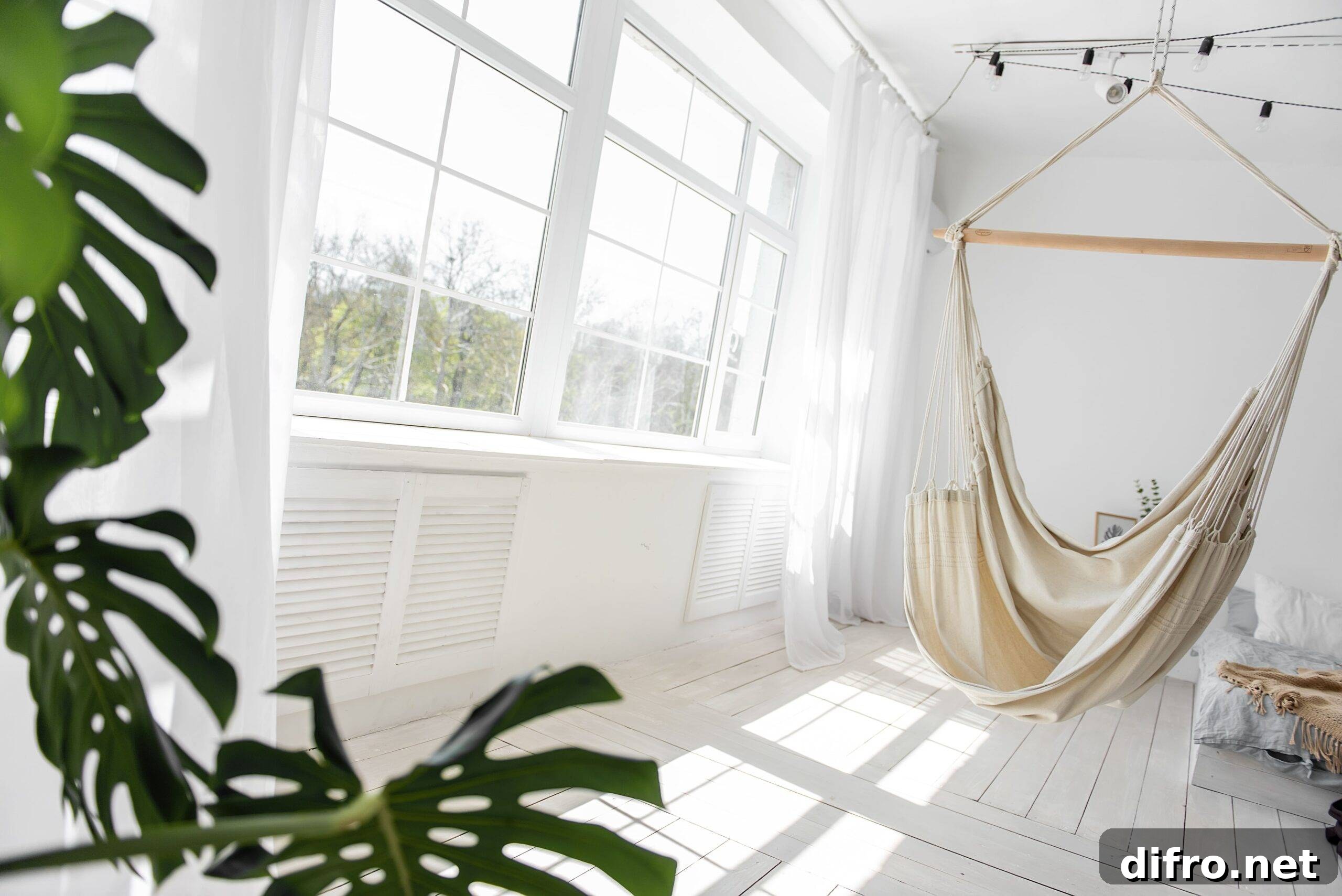 A large window shining natural light into a white room.