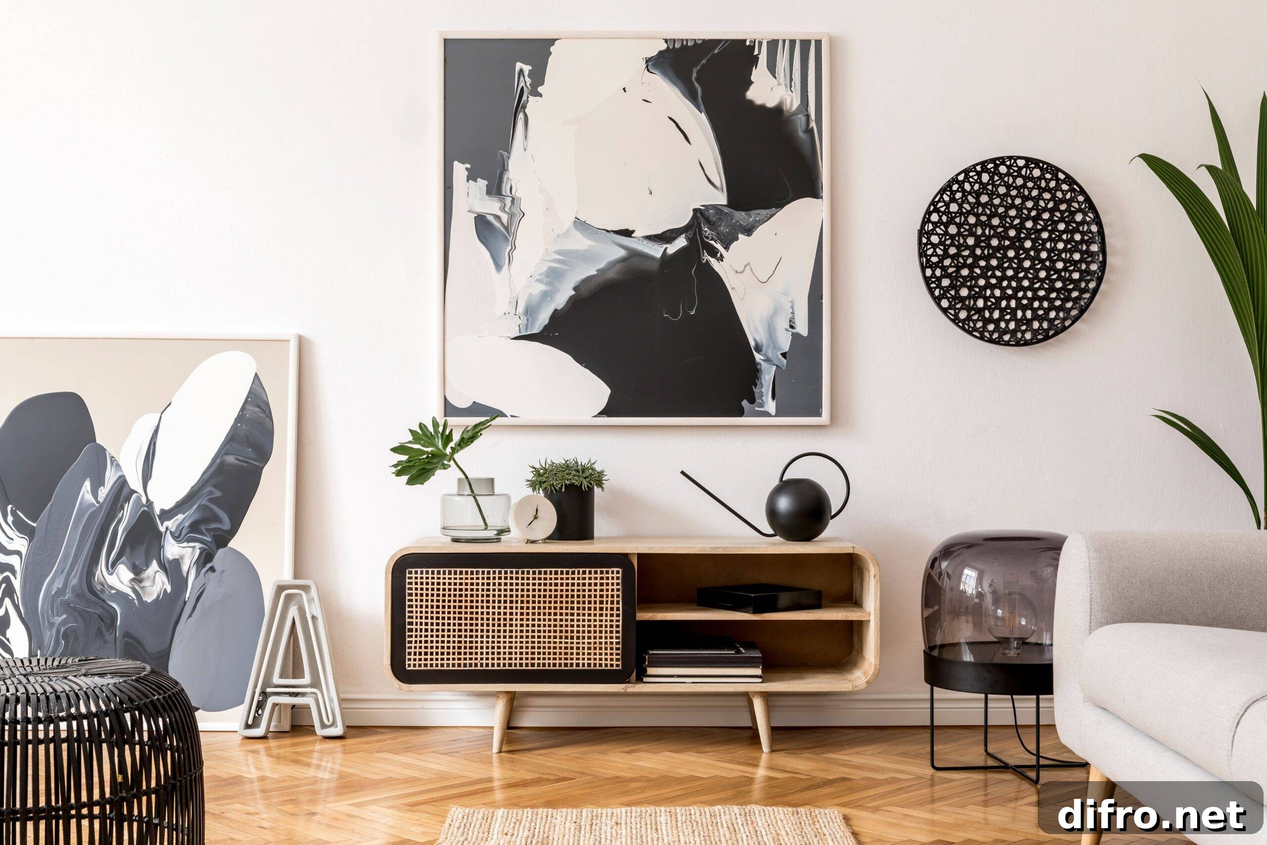 A large black and white piece of abstract art above a small console table.