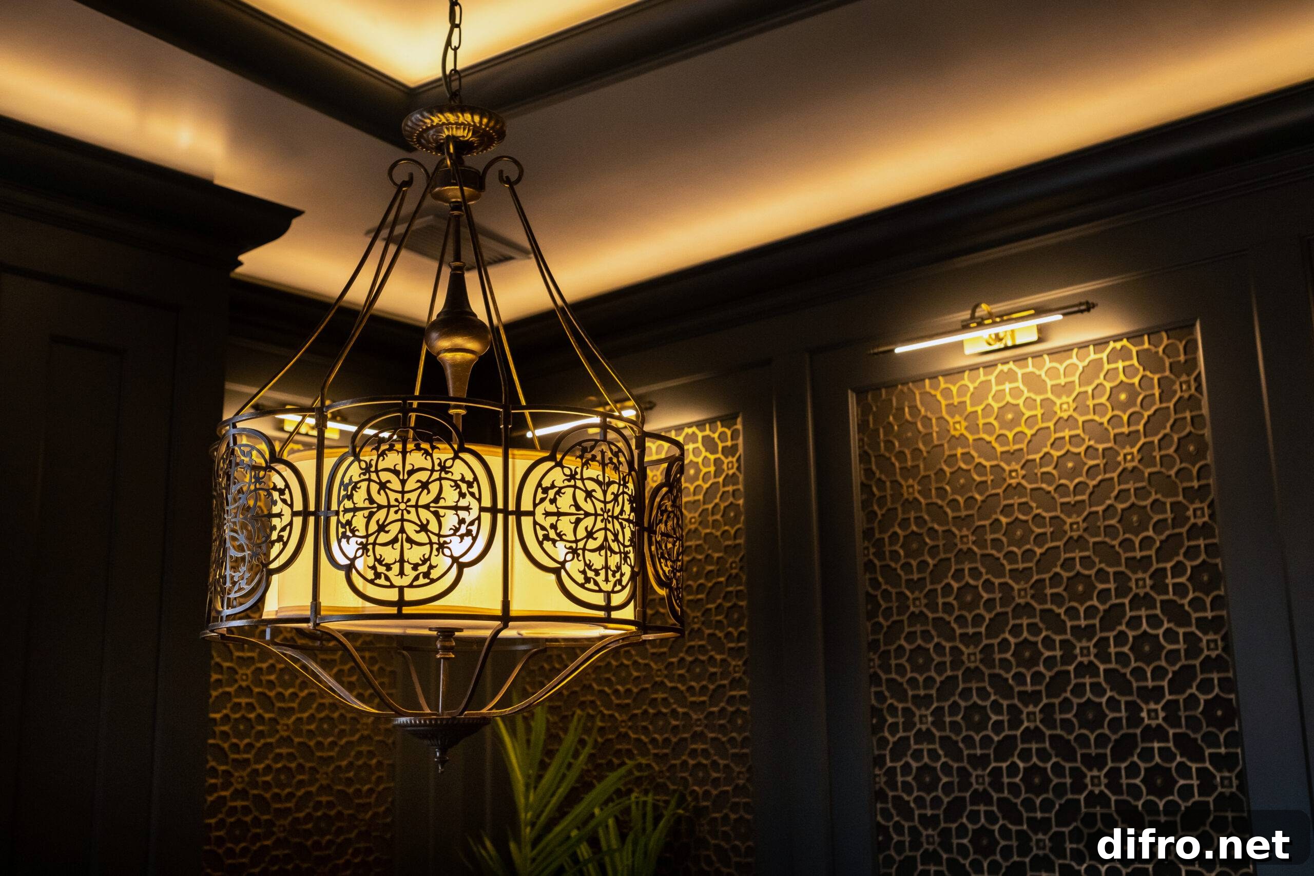 metal lamp in oriental style on the ceiling of the interior.