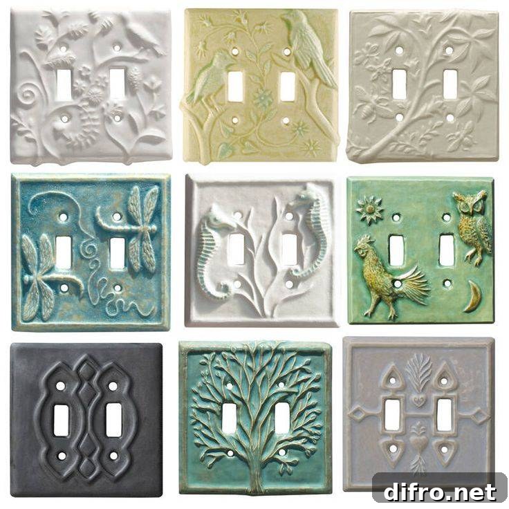 9 double light switch covers, all ceramic, with various colors and designs