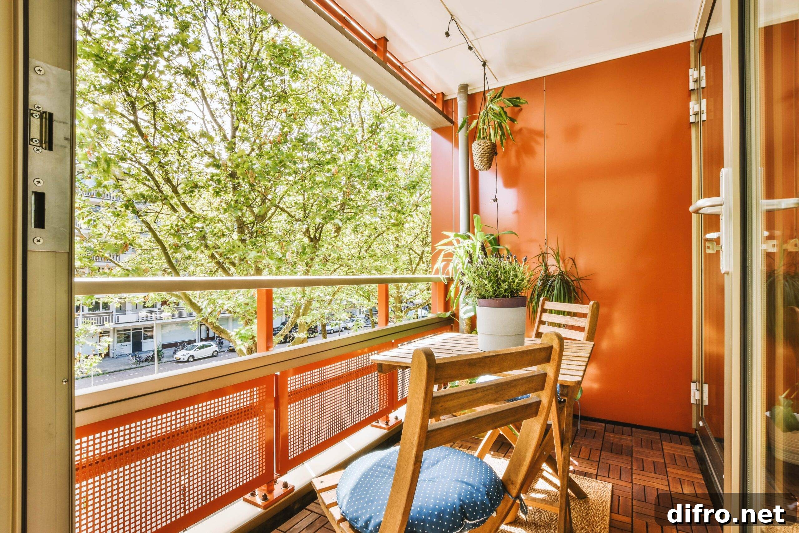 A small balcony colored orange with plenty of plant life.
