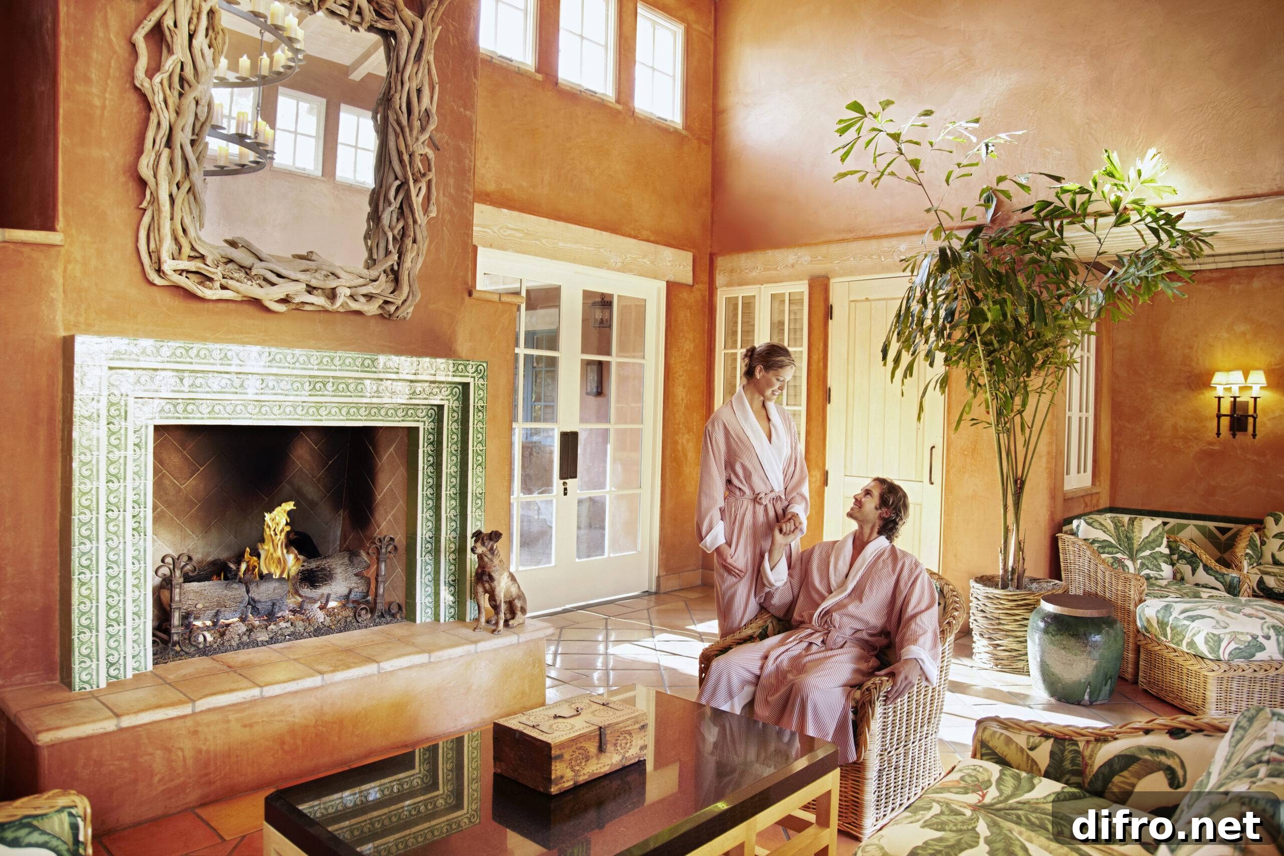 Caucasian couple in robes in resort lounge area