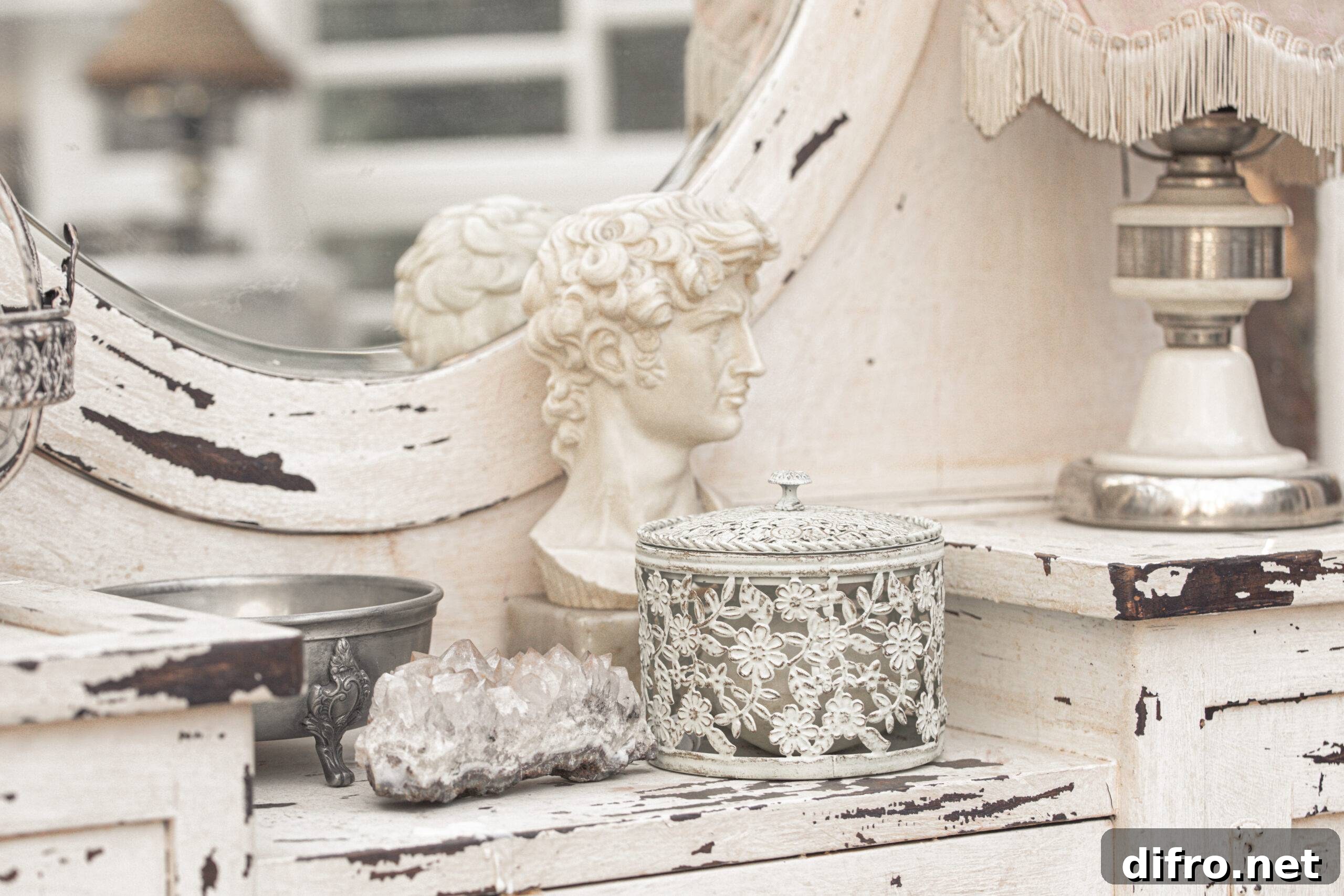 Cosmetics on white vintage dressing table with retro lamp