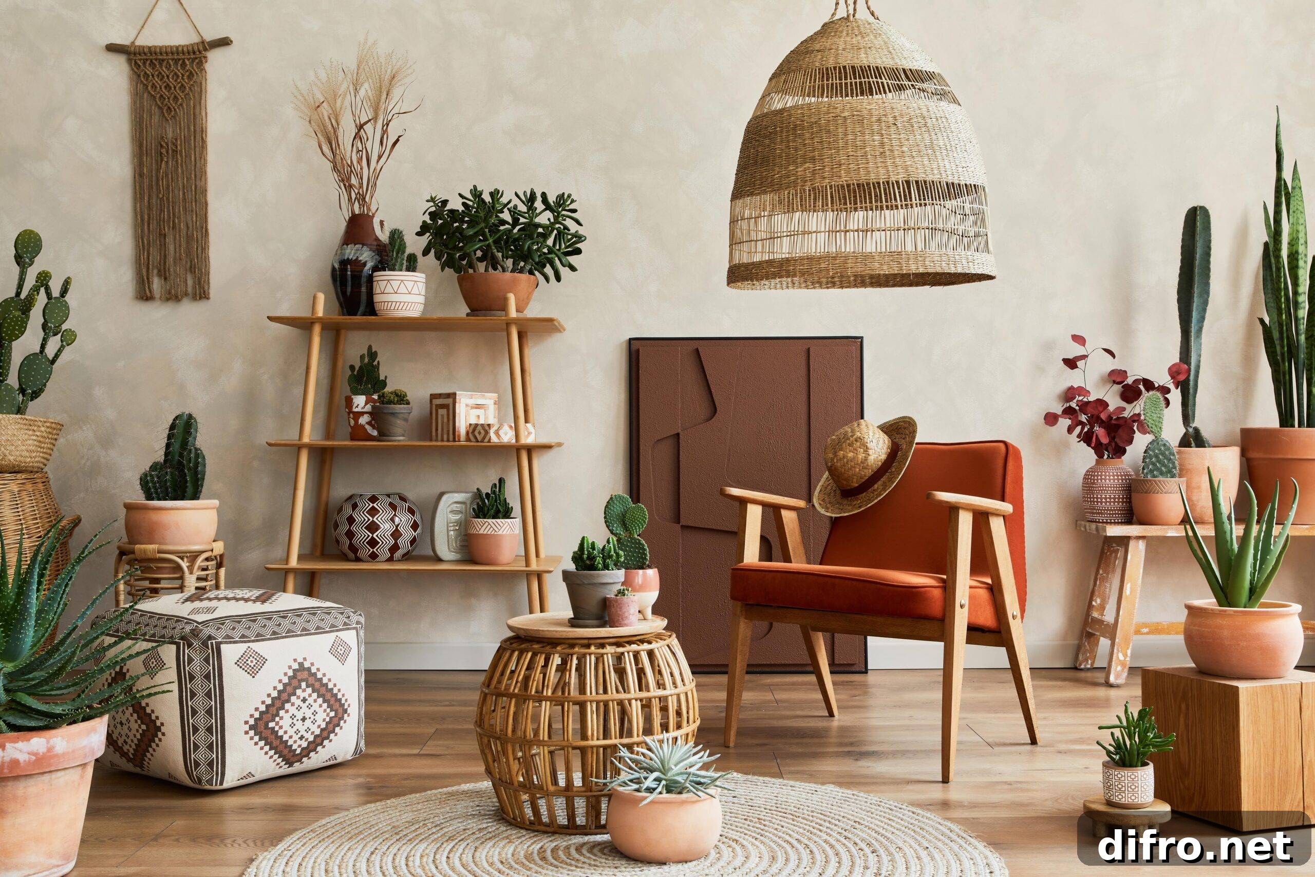 A room decorated in 70s, mid-century modern stylings.