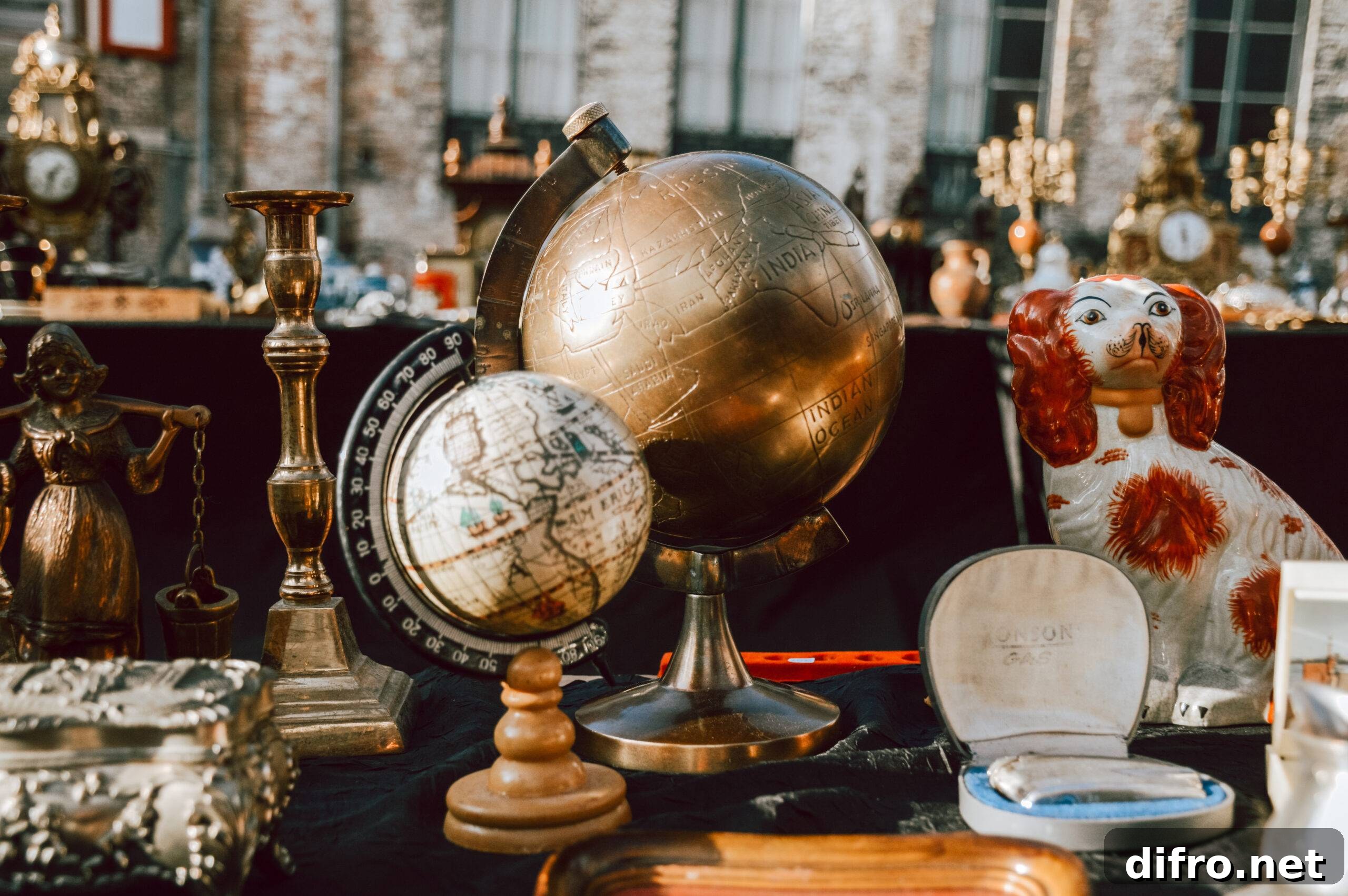 A close photo of a table filled with various antique decor.