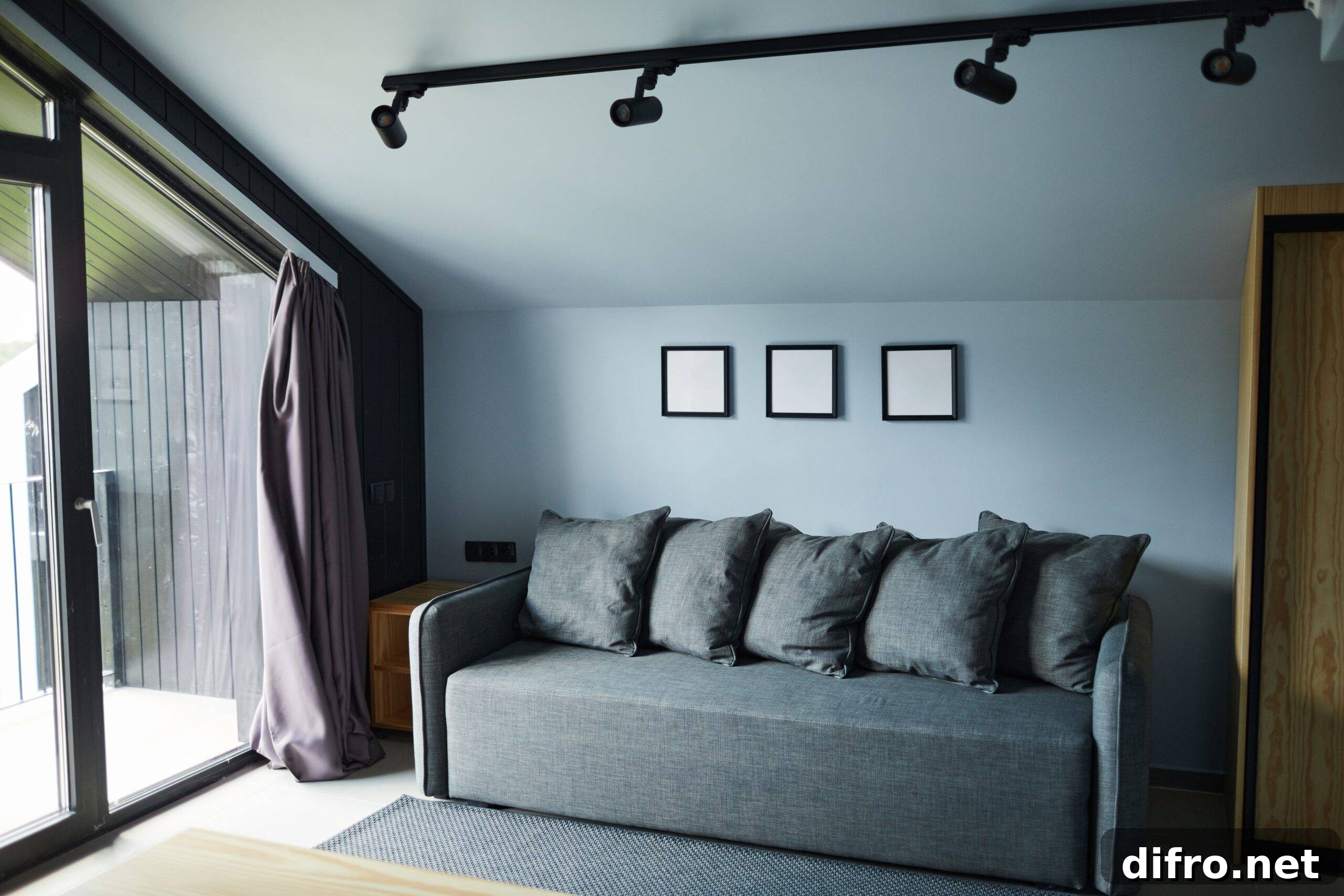 A living room next to large glass doors that are pouring light in.