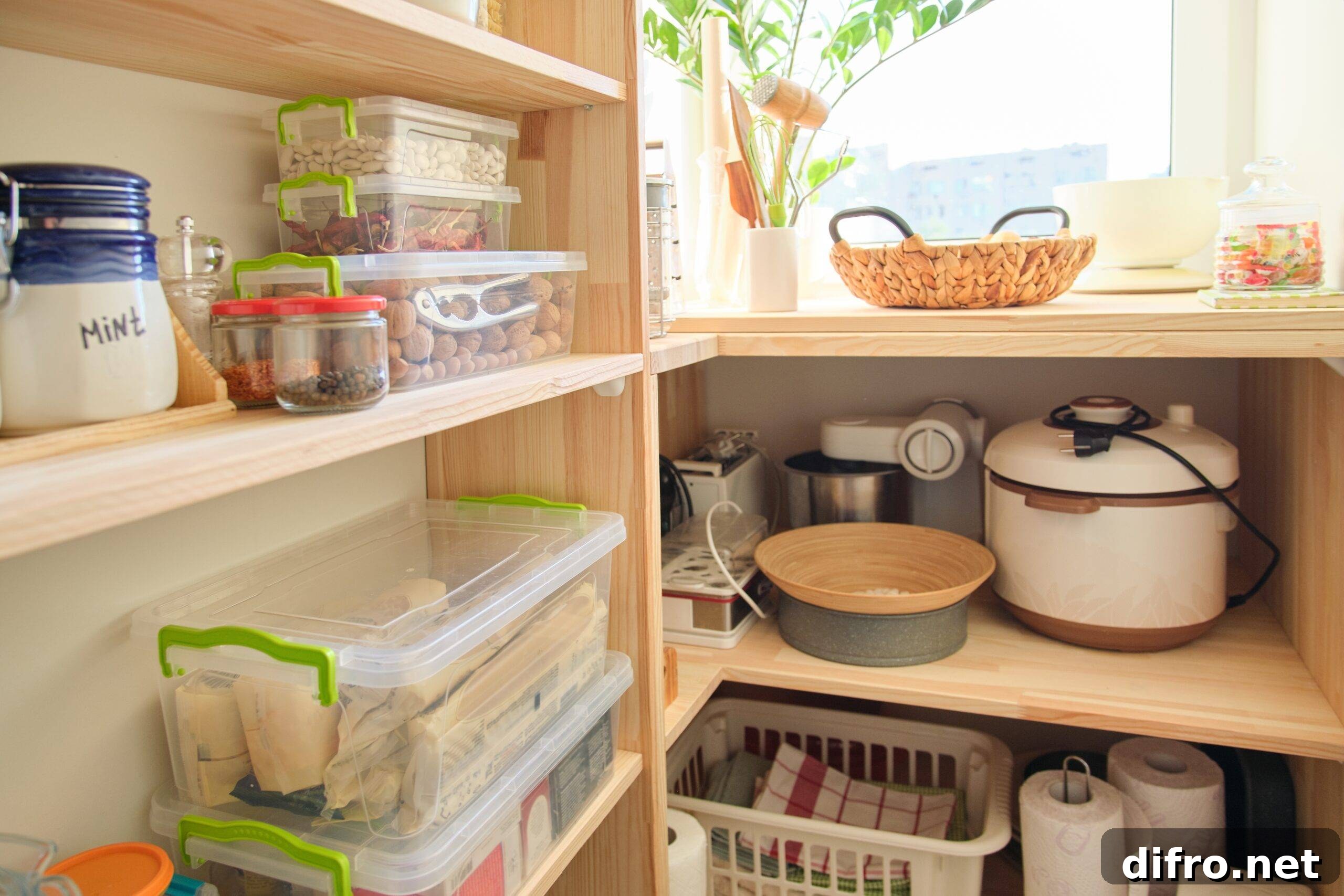 Wooden shelves with food and utensils, kitchen appliances in the pantry.