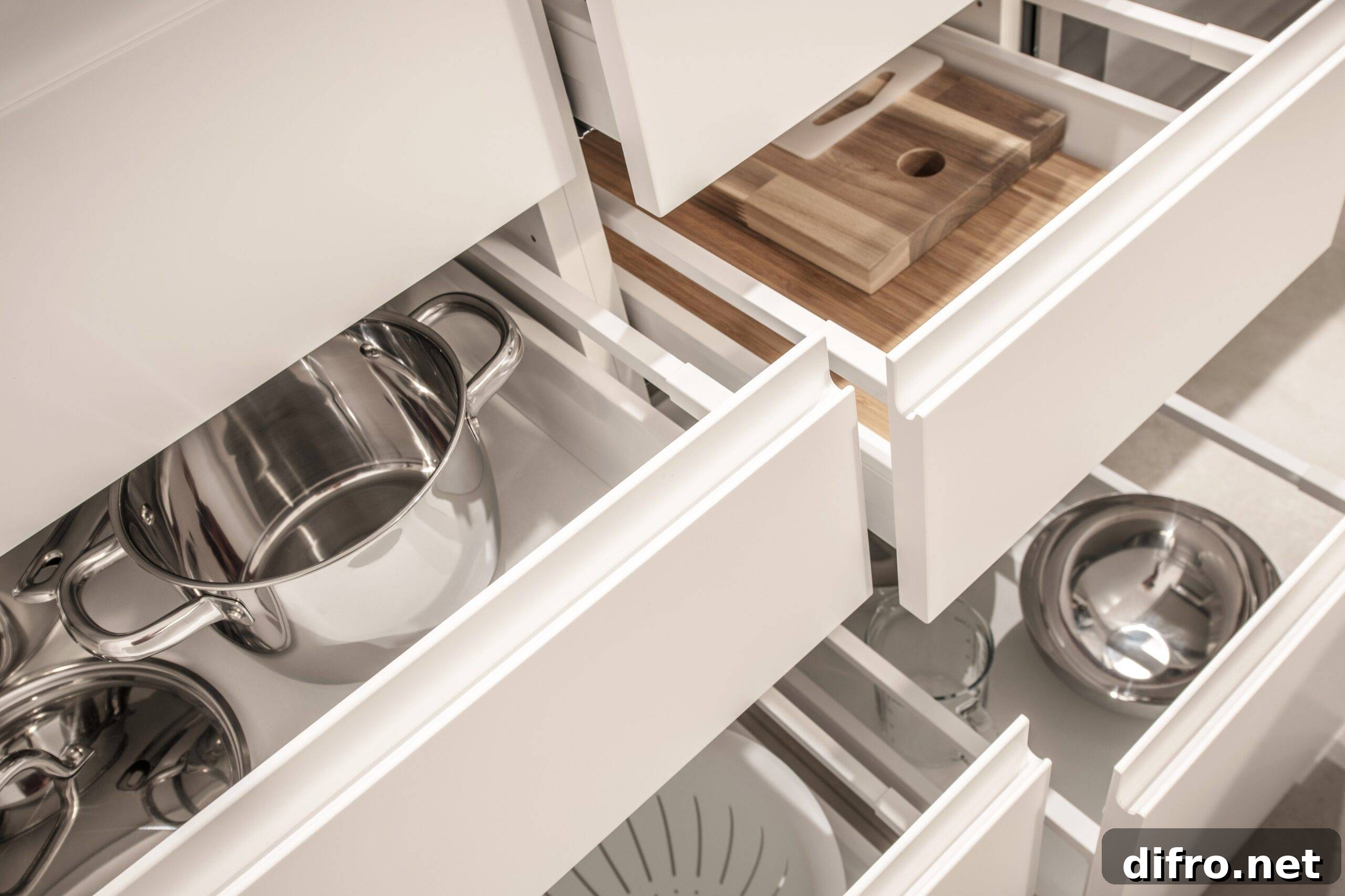 Modern white kitchen cabinets full of cooking kitchenware.
