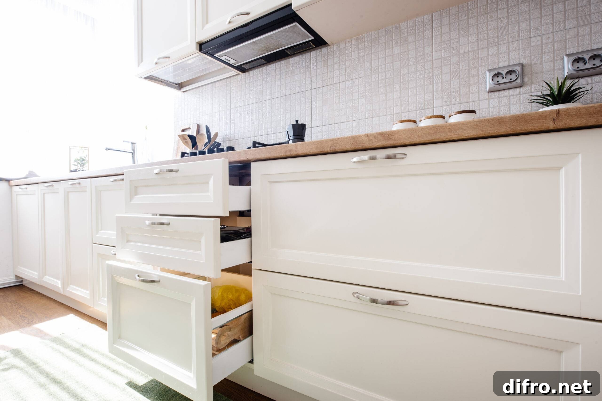 Modern kitchen cabinets with new appliances.