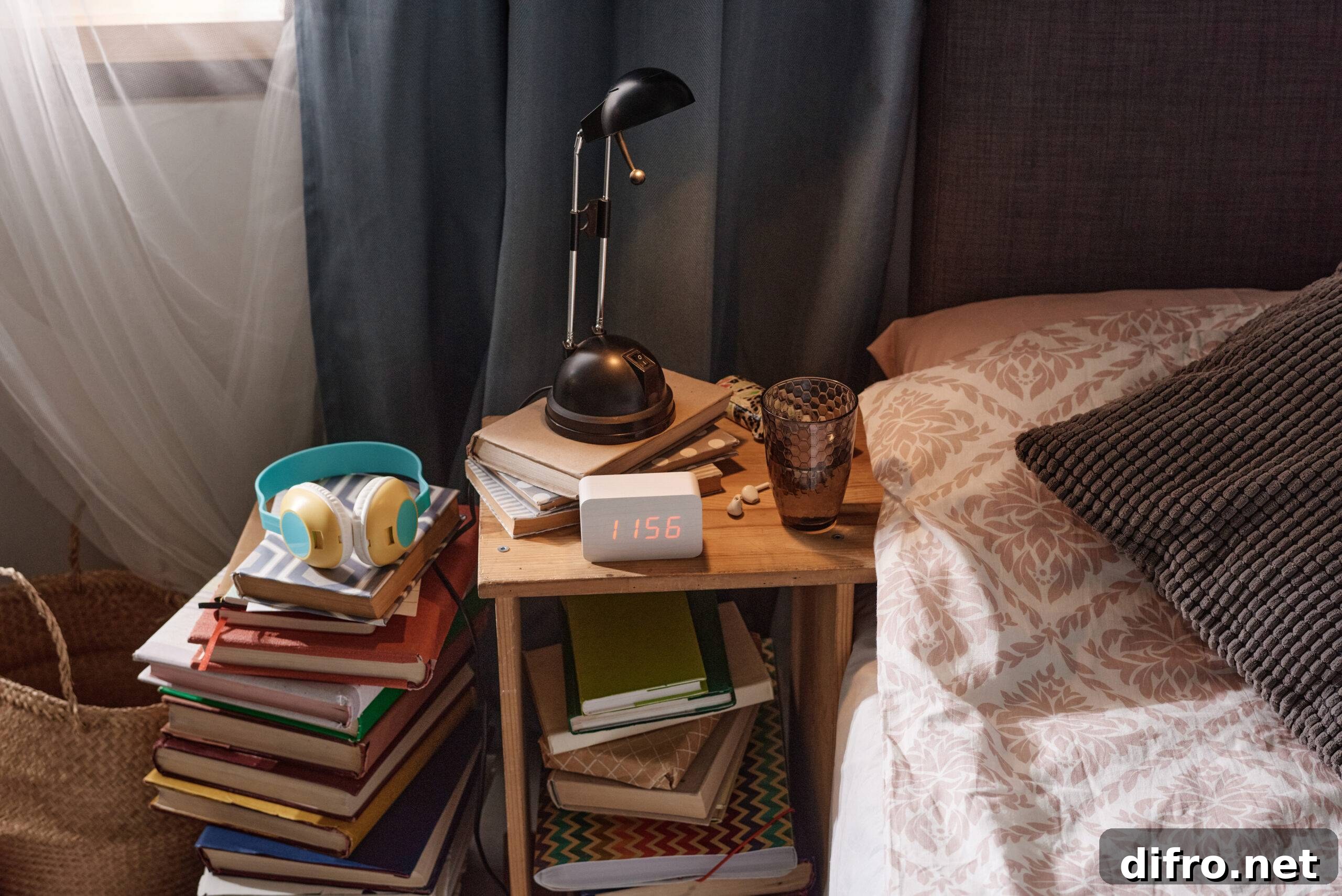 Image of bed table with modern alarm clock and books under the table near the bed in the bedroom