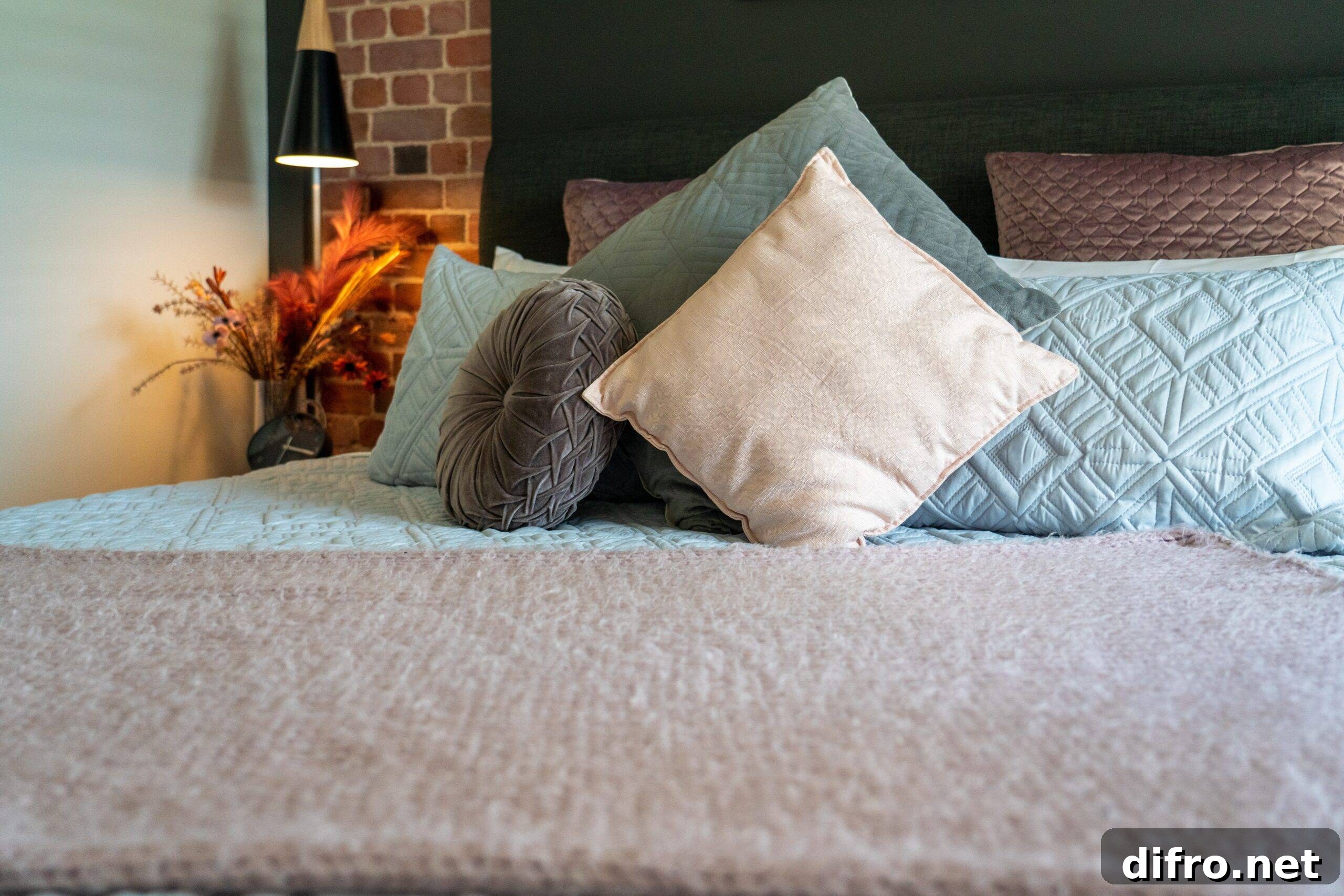 A bed with soft throw pillows and blankets on it.