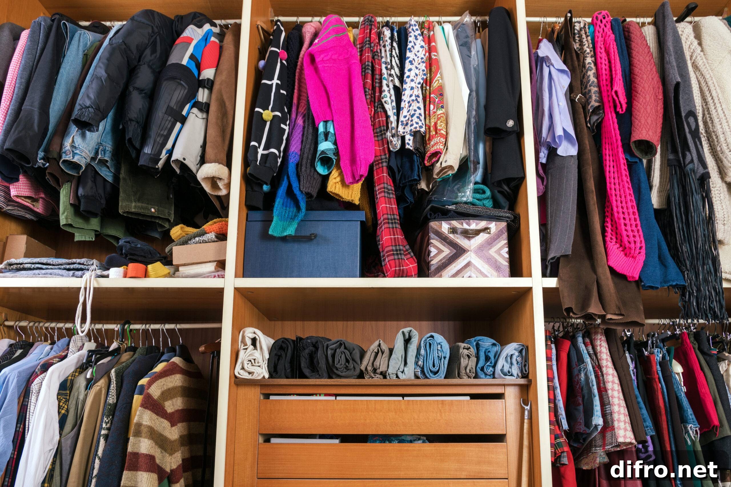 Collection of multicolored assorted clothes placed accurately on rails and hangers with shelves in walk in closet