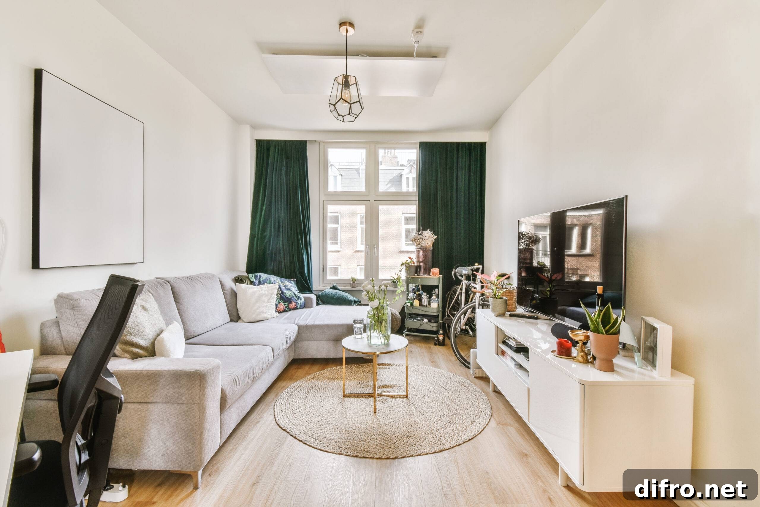Interior of living room with comfortable sofa and TV against windows in contemporary apartment
