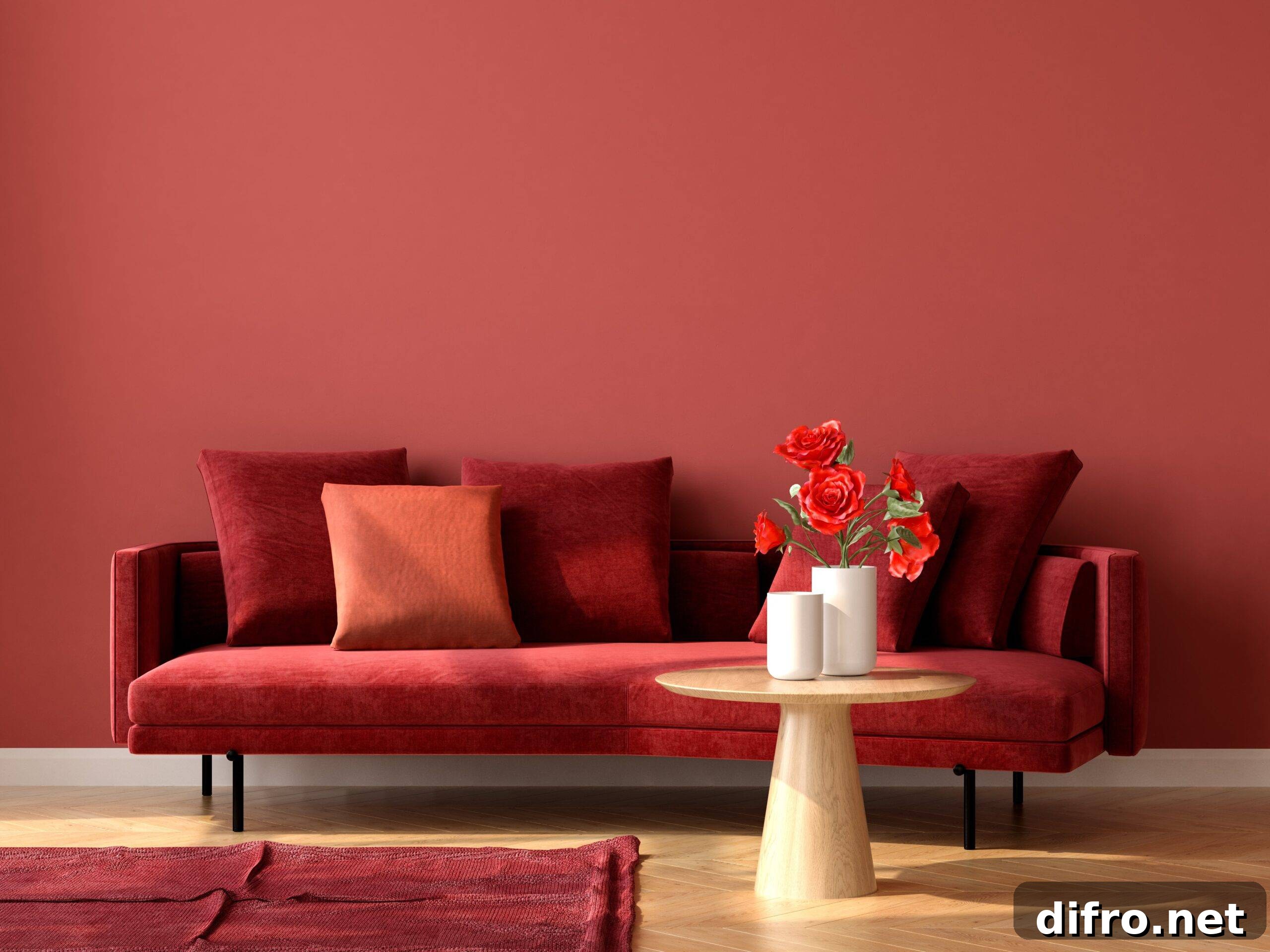 A monochromatic room with red walls, a red couch, and a red rug.