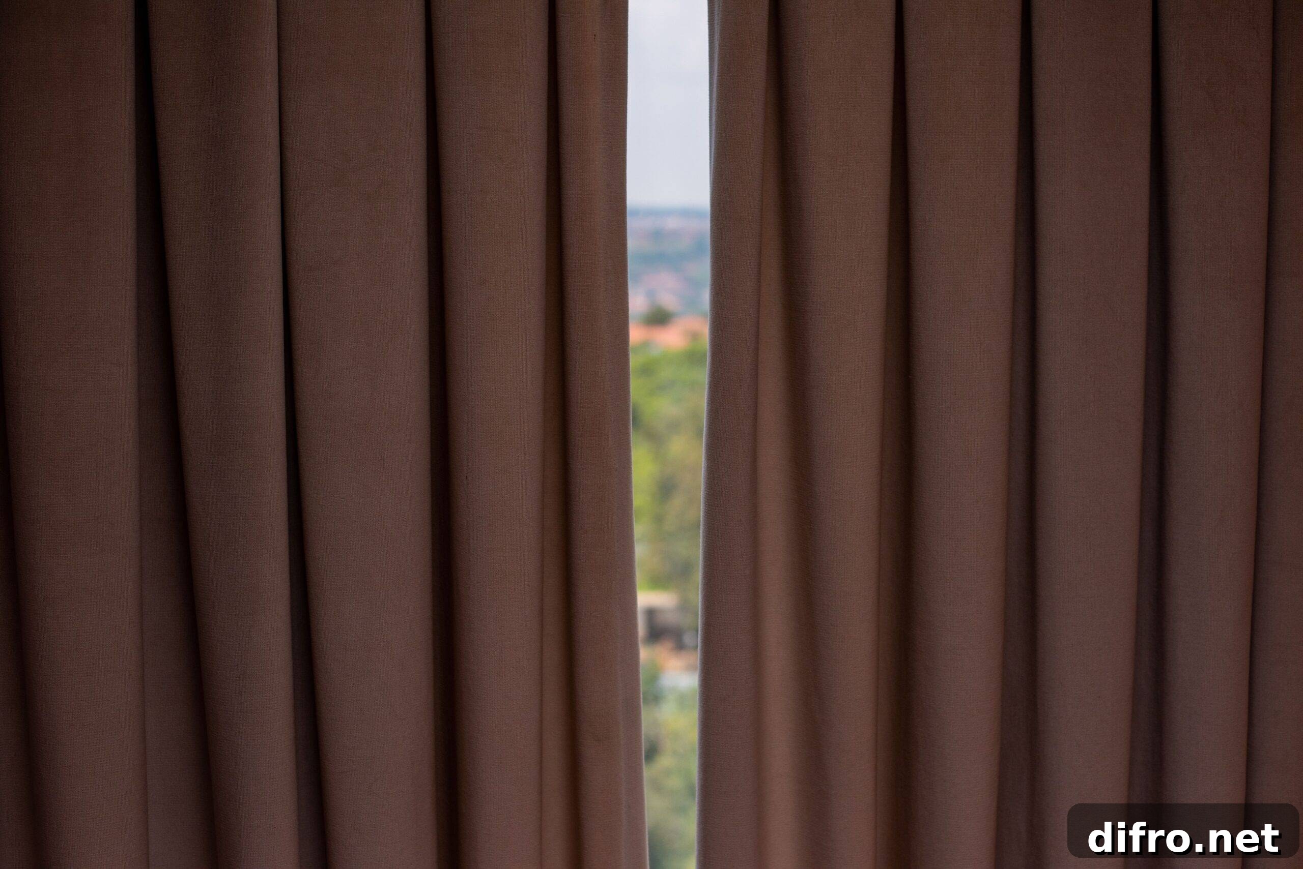A close photo of dark, opaque curtains open just a sliver so we can see the outside.