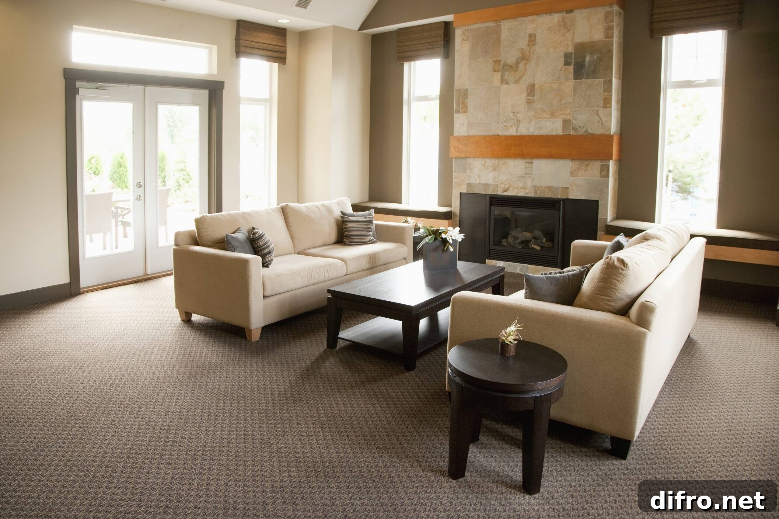 An open living room with large windows and a carpeted floor.