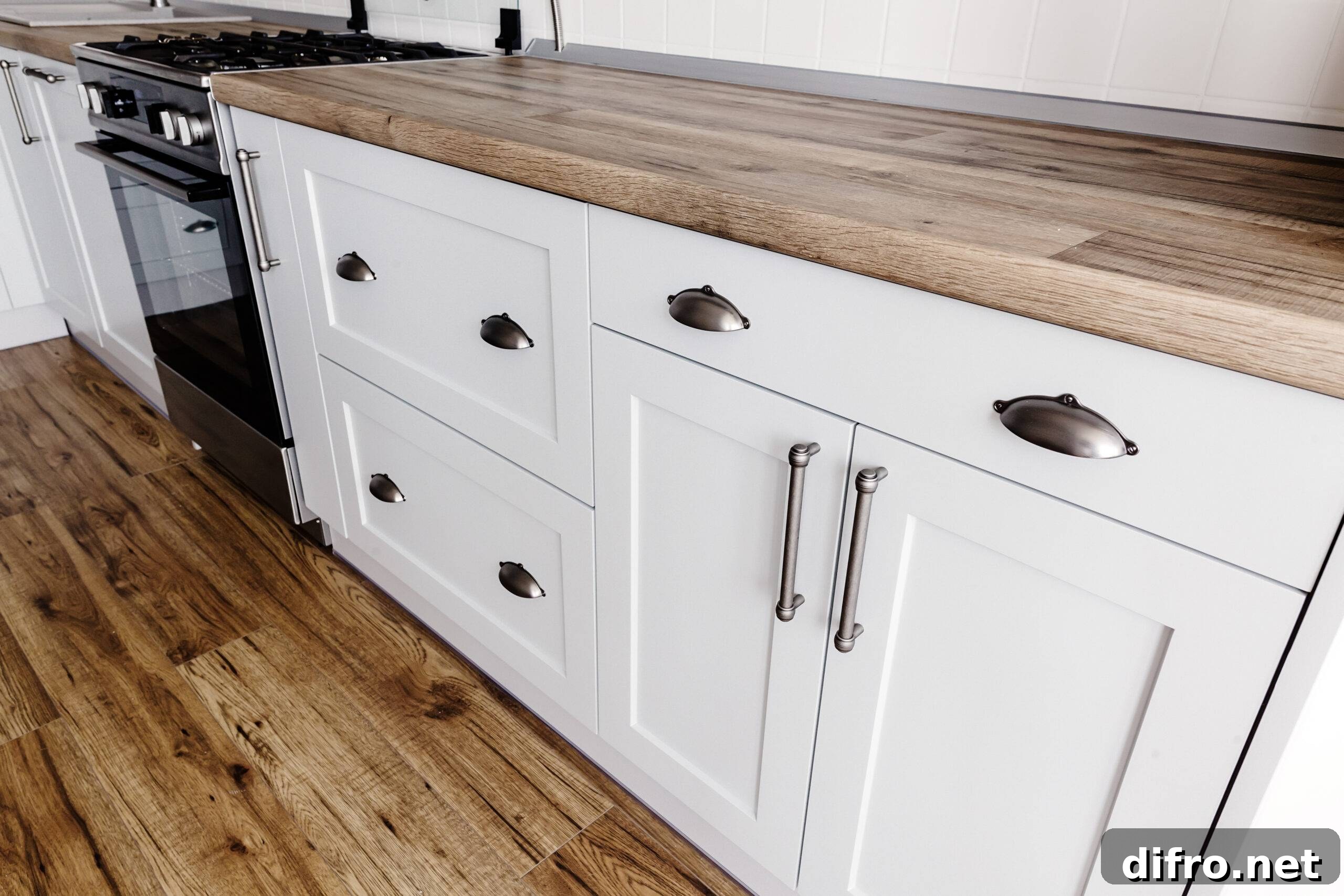 close-up steel handles on modern stylish light grey kitchen interior with furniture and stainless steel appliances in a new house. wooden countertop, steel stove, hardwood floor