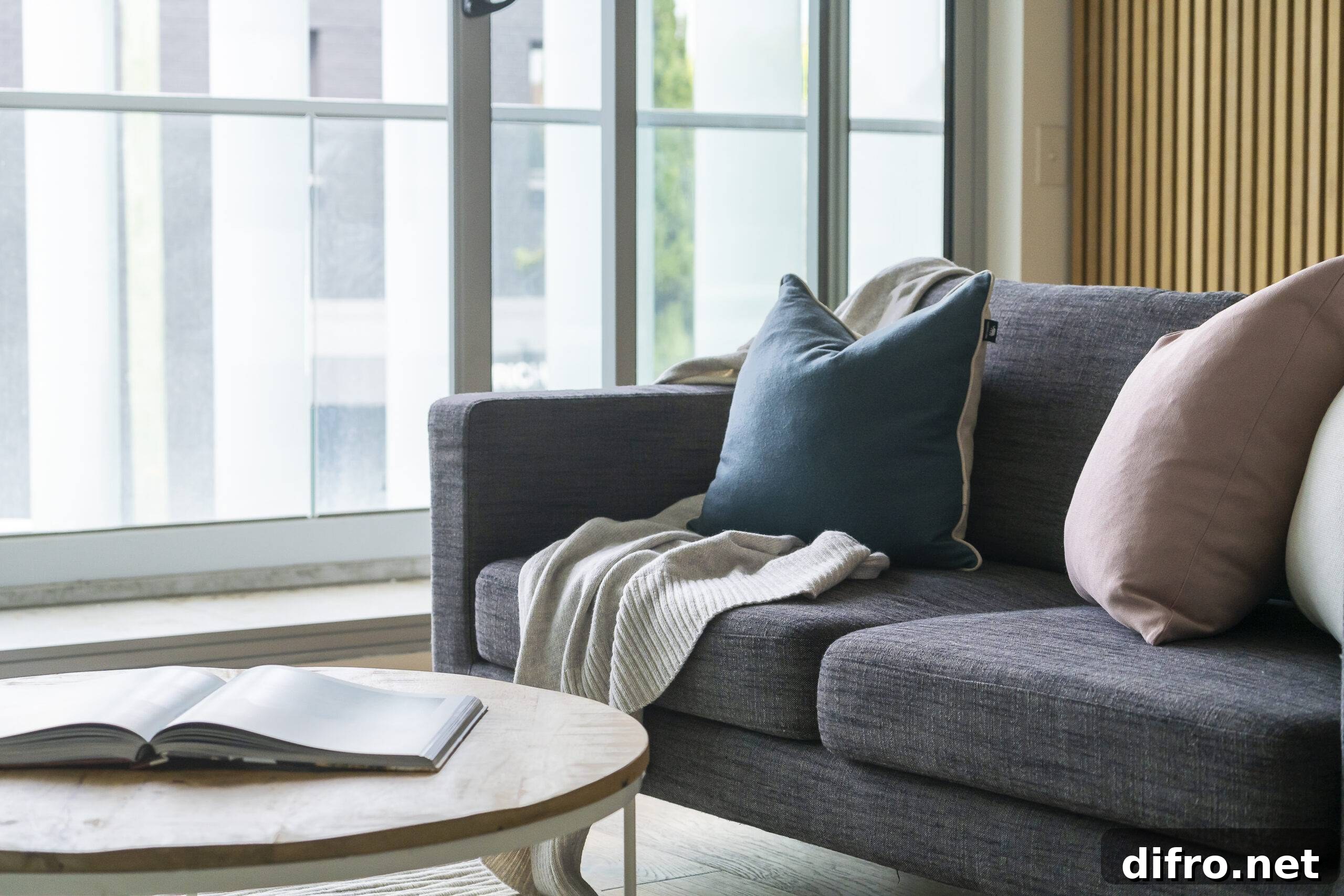 6 Living Room Essentials for a Cozy, Inviting Space 2 A grey couch in a bright living room with some throw pillows.