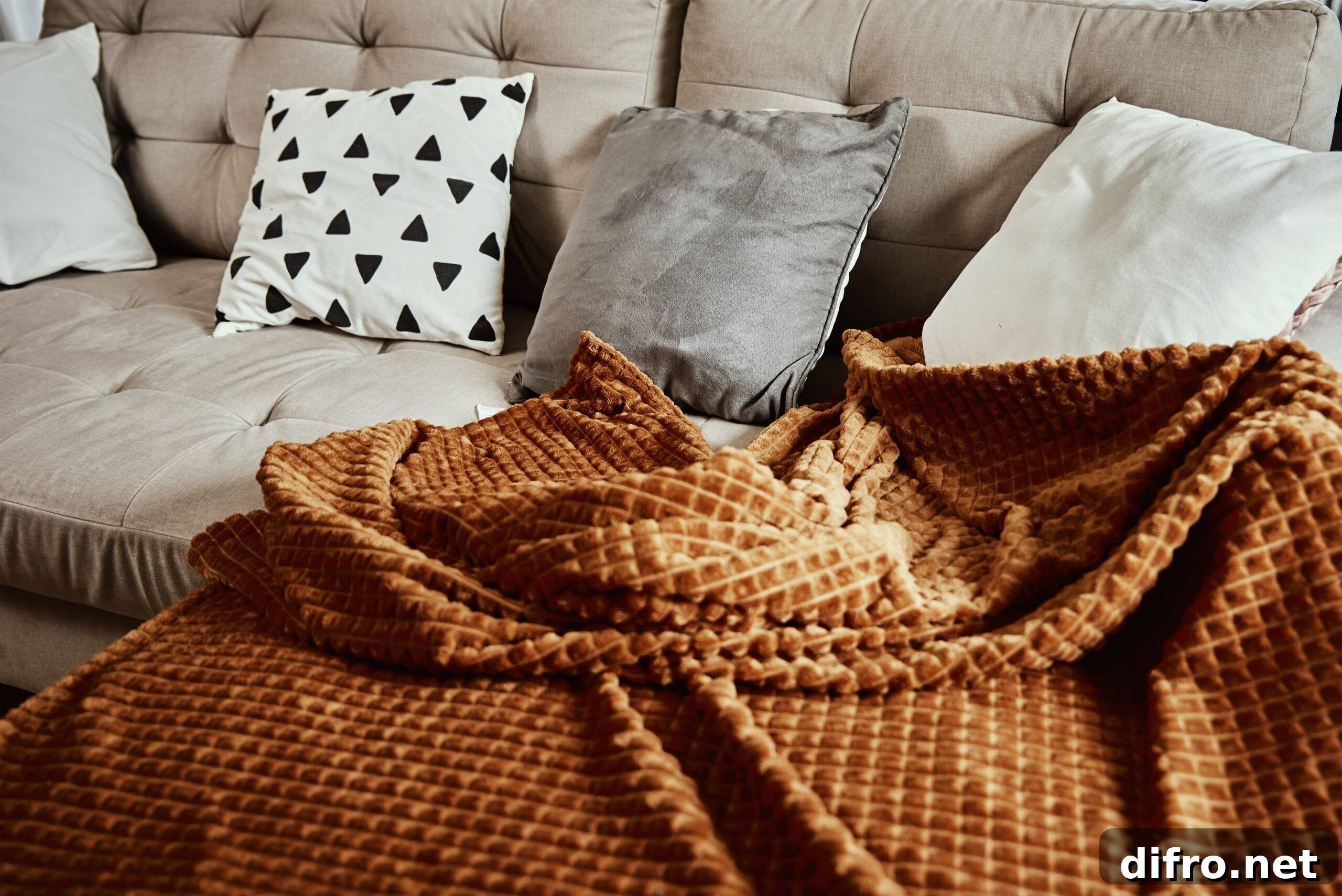 6 Living Room Essentials for a Cozy, Inviting Space 3 Empty couch with plaid and pillows. Place for relax, cozy home