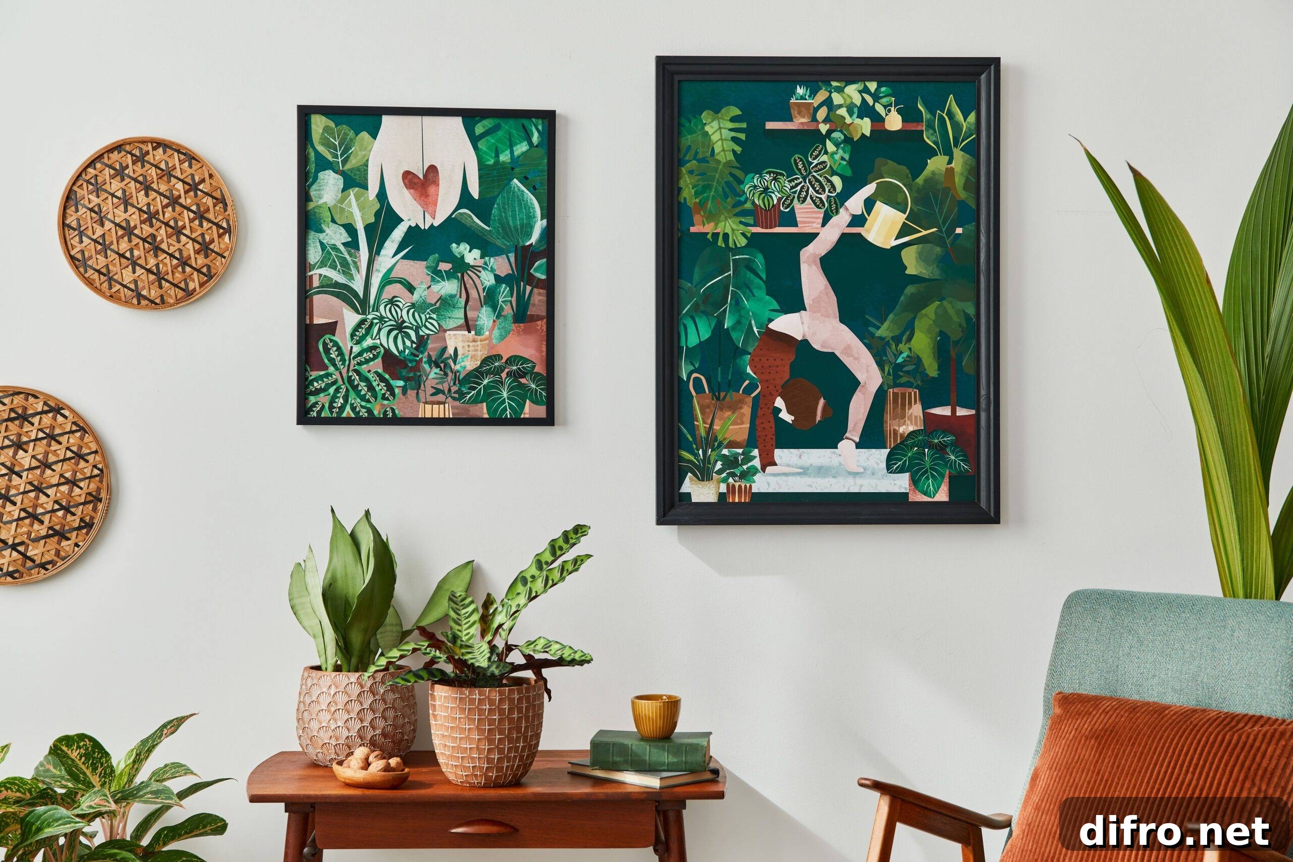 6 Living Room Essentials for a Cozy, Inviting Space 4 Green, plant-related art hung on a wall above a table with some houseplants.