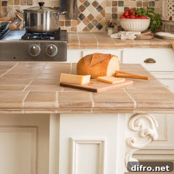 Is Your Outdated Countertop Holding Your Kitchen Back? 5 A close photo of a kitchen island with a tile countertop, a loaf of bread on a cutting board on top.