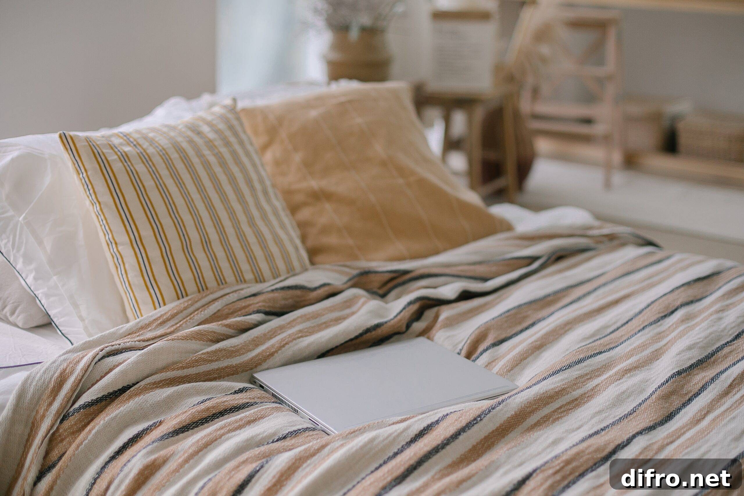 A close photo of a bed with beige bedding.