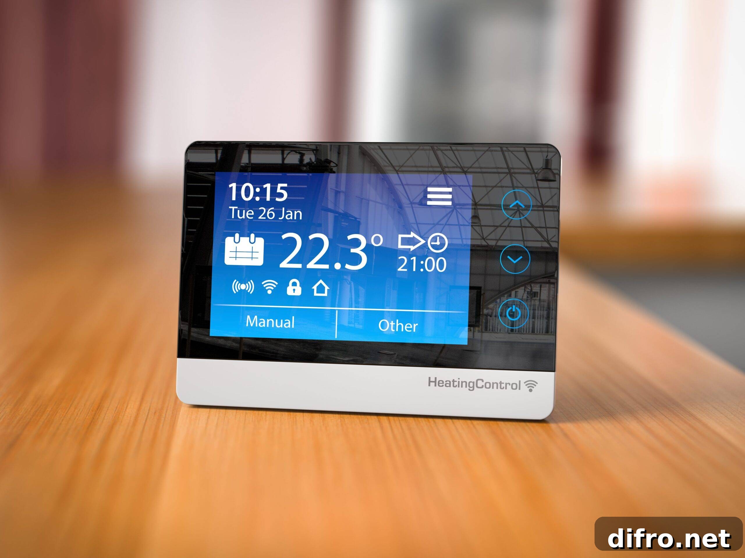 A smart digital thermostat sitting on a counter.
