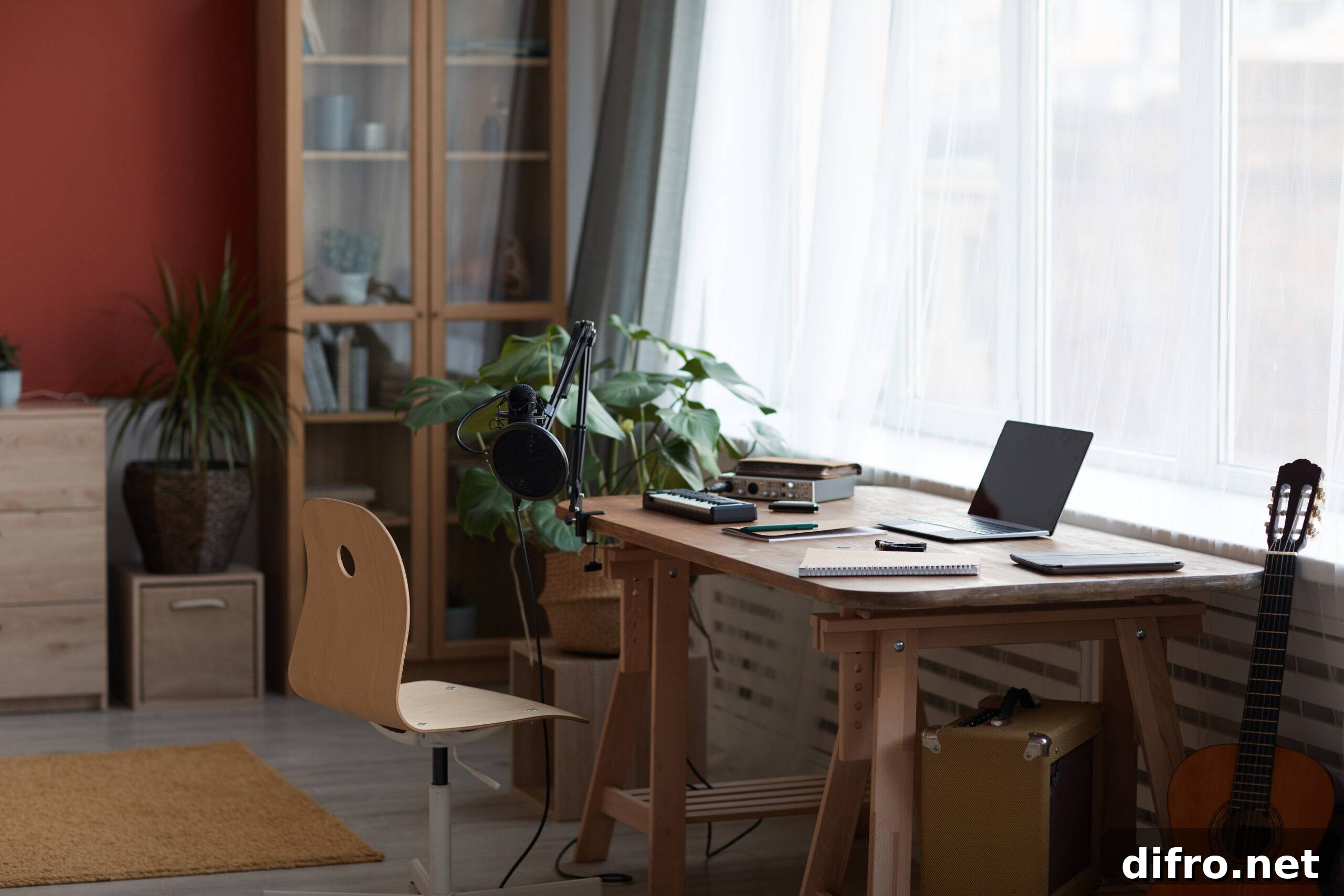 Background image of inviting home recording studio with music equipment and guitar, copy space
