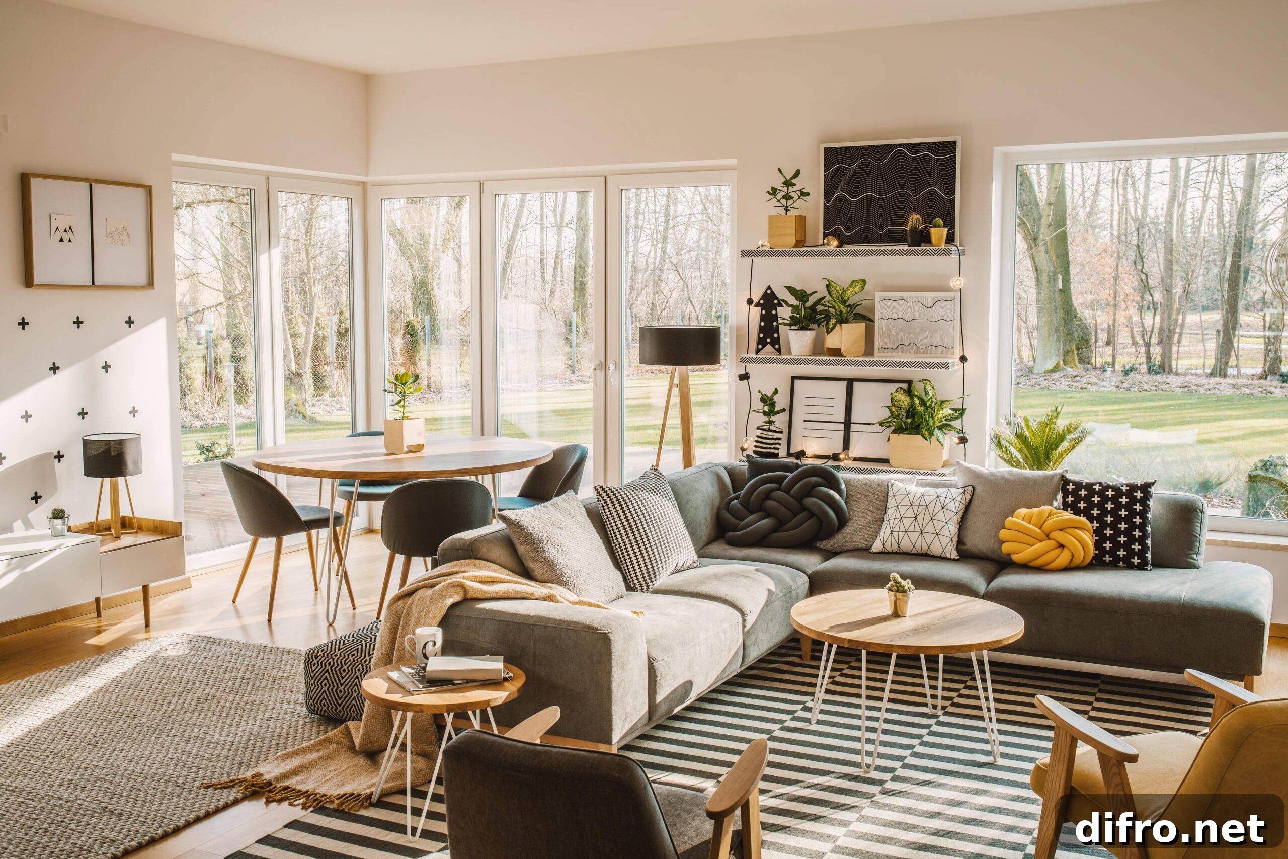 A large, modern living room featuring an L couch and dining table behind it.