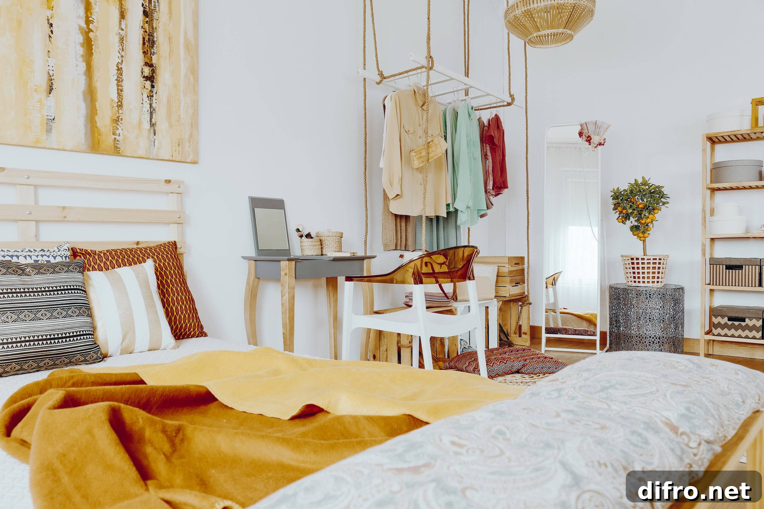 Wooden king-size bed with decorative pillows and blanket in sandy colors