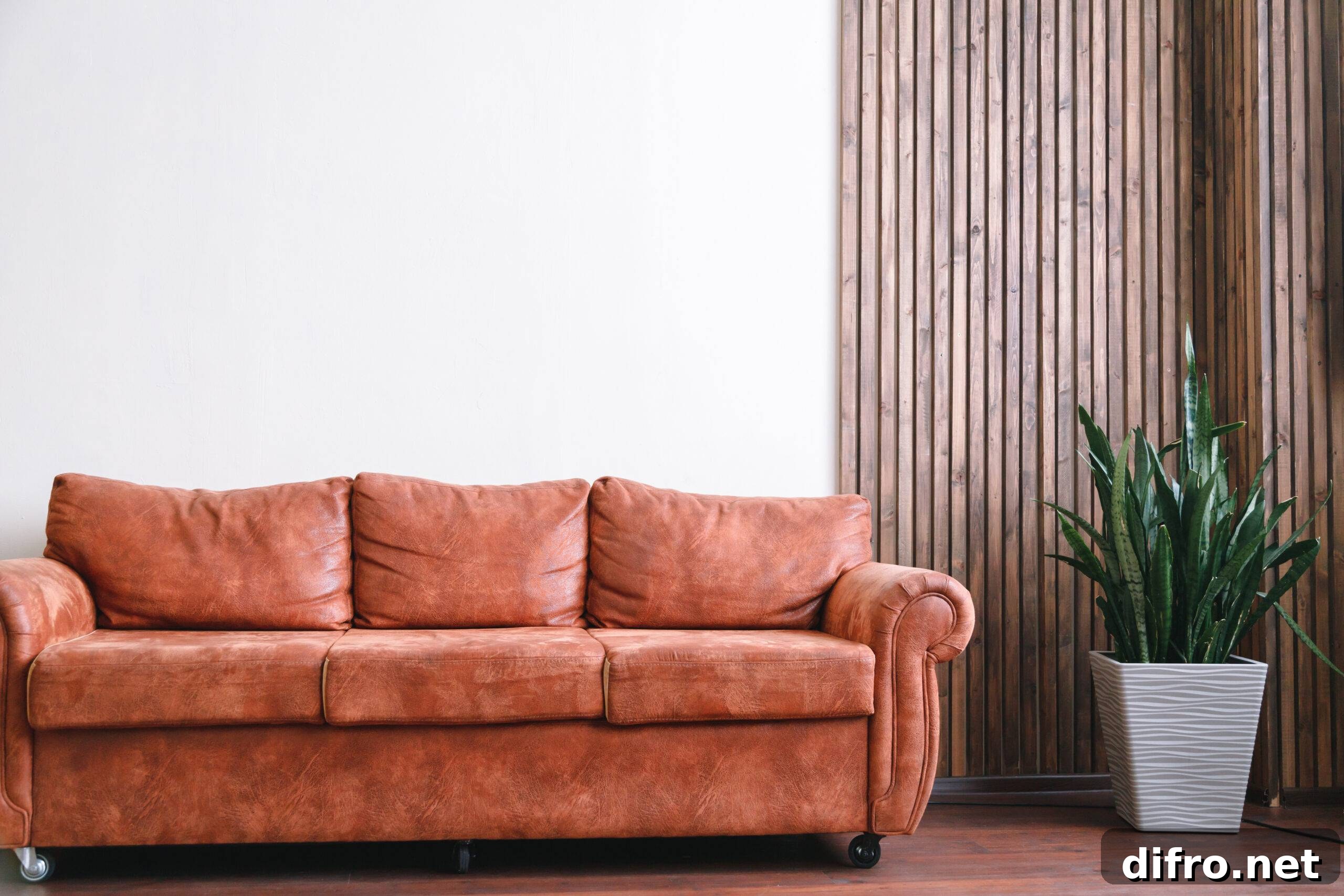 Orange leather sofa with white wall in background with home plant.