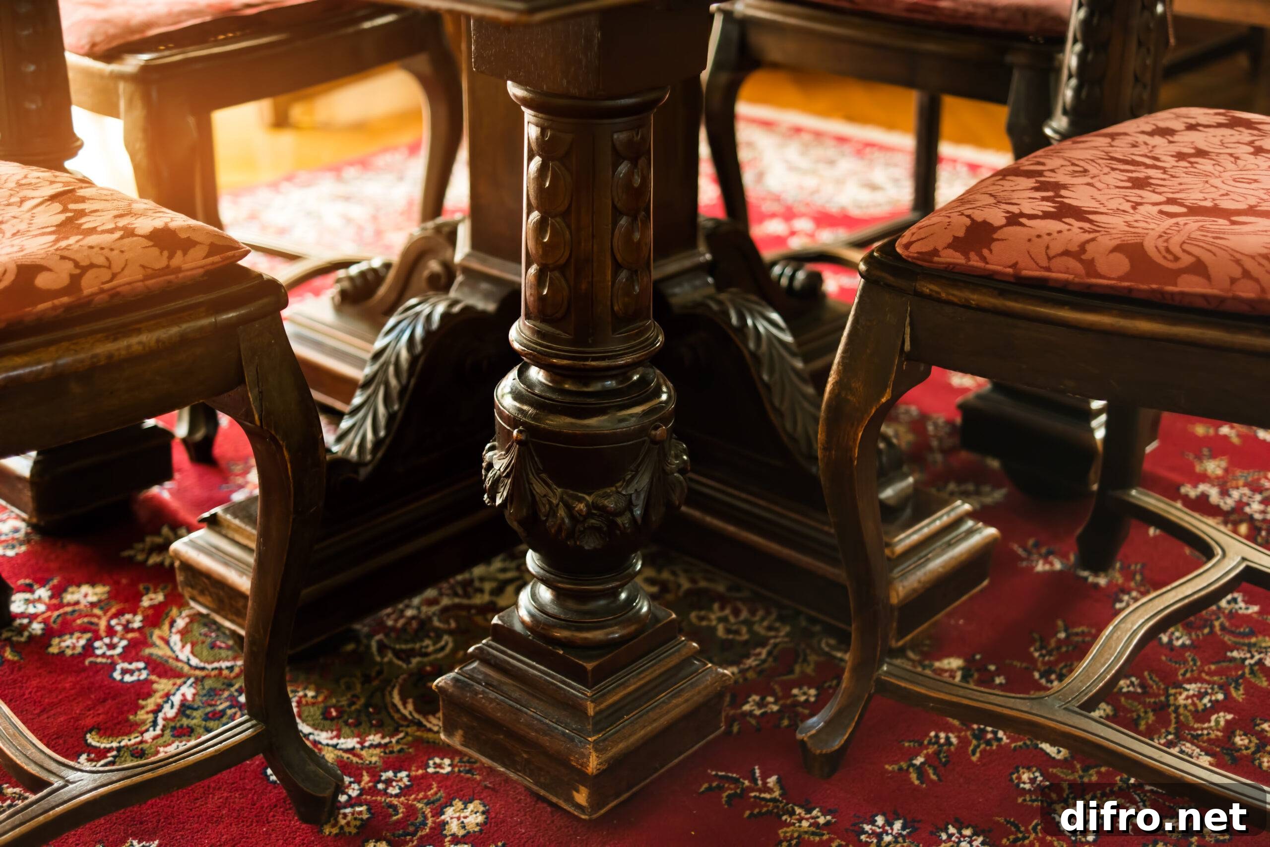 Antique wood furniture. Classic chairs on the carpet. The art of carving.