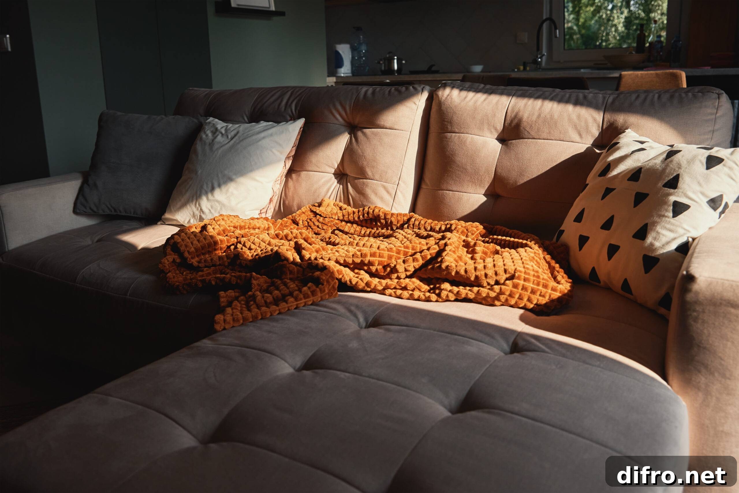 Sofa with plaid and cup of tea. Place for relaxation. Modern room interior
