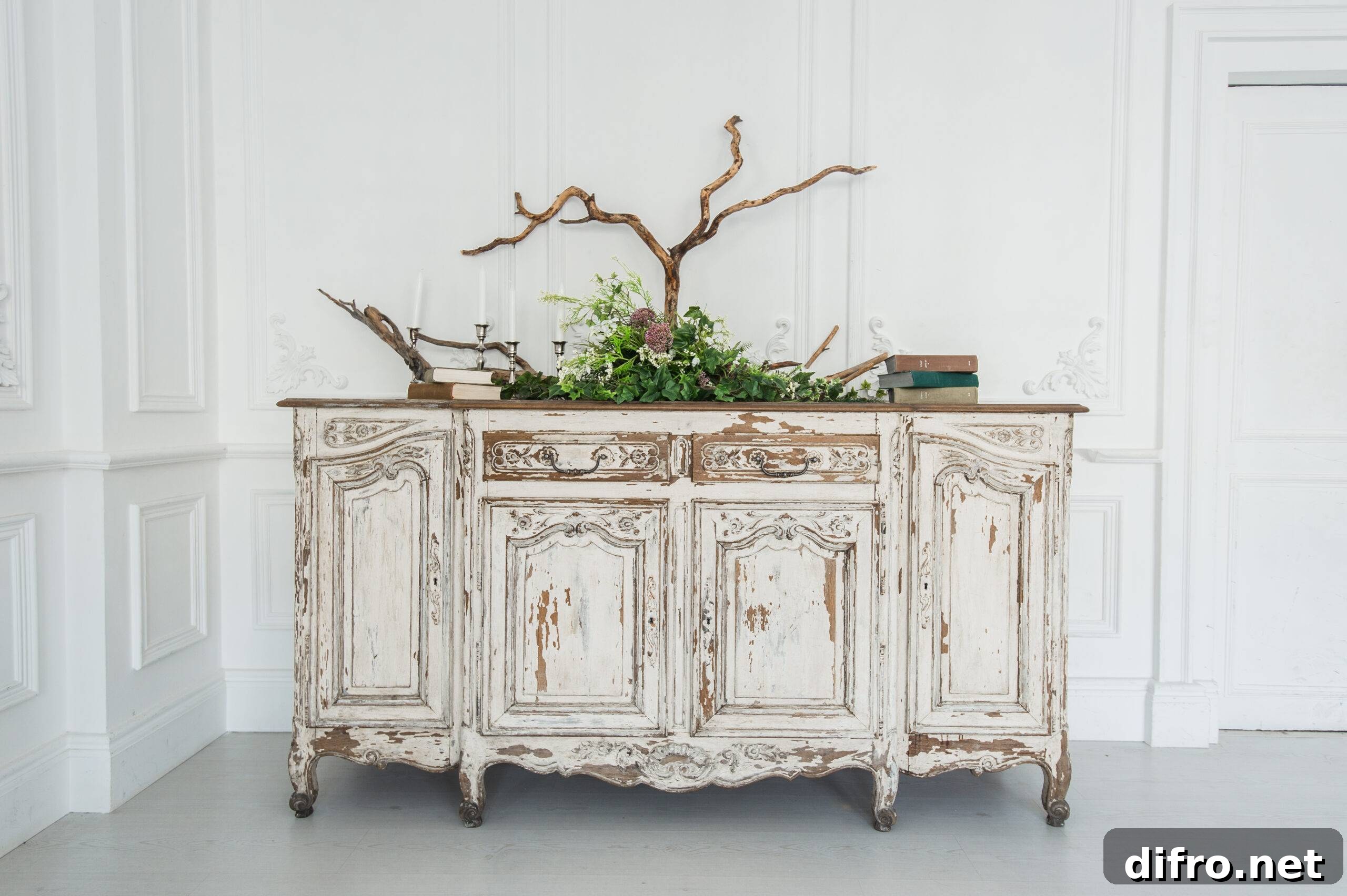 White commode with plants and handmade wool decoration.