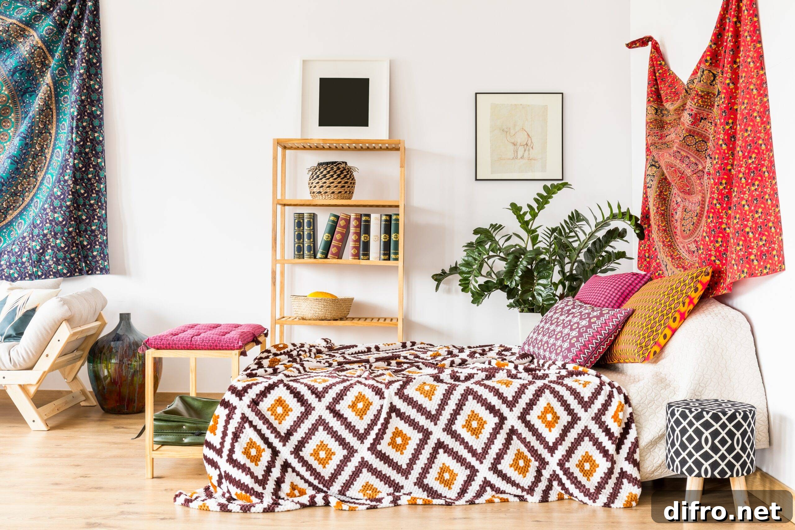 King-size bed with colorful pillows in bedroom