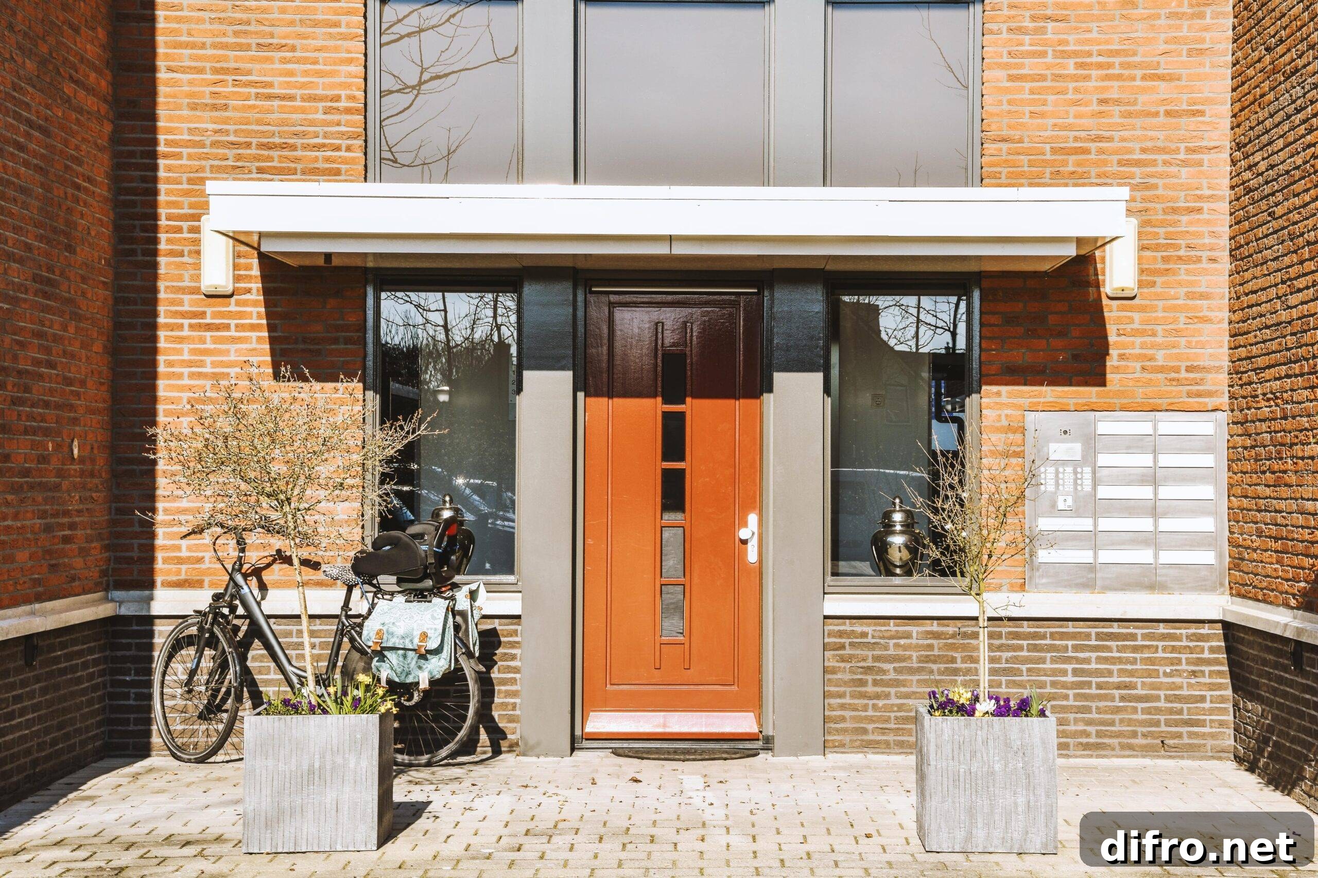 The front of a house with a terracotta door door.