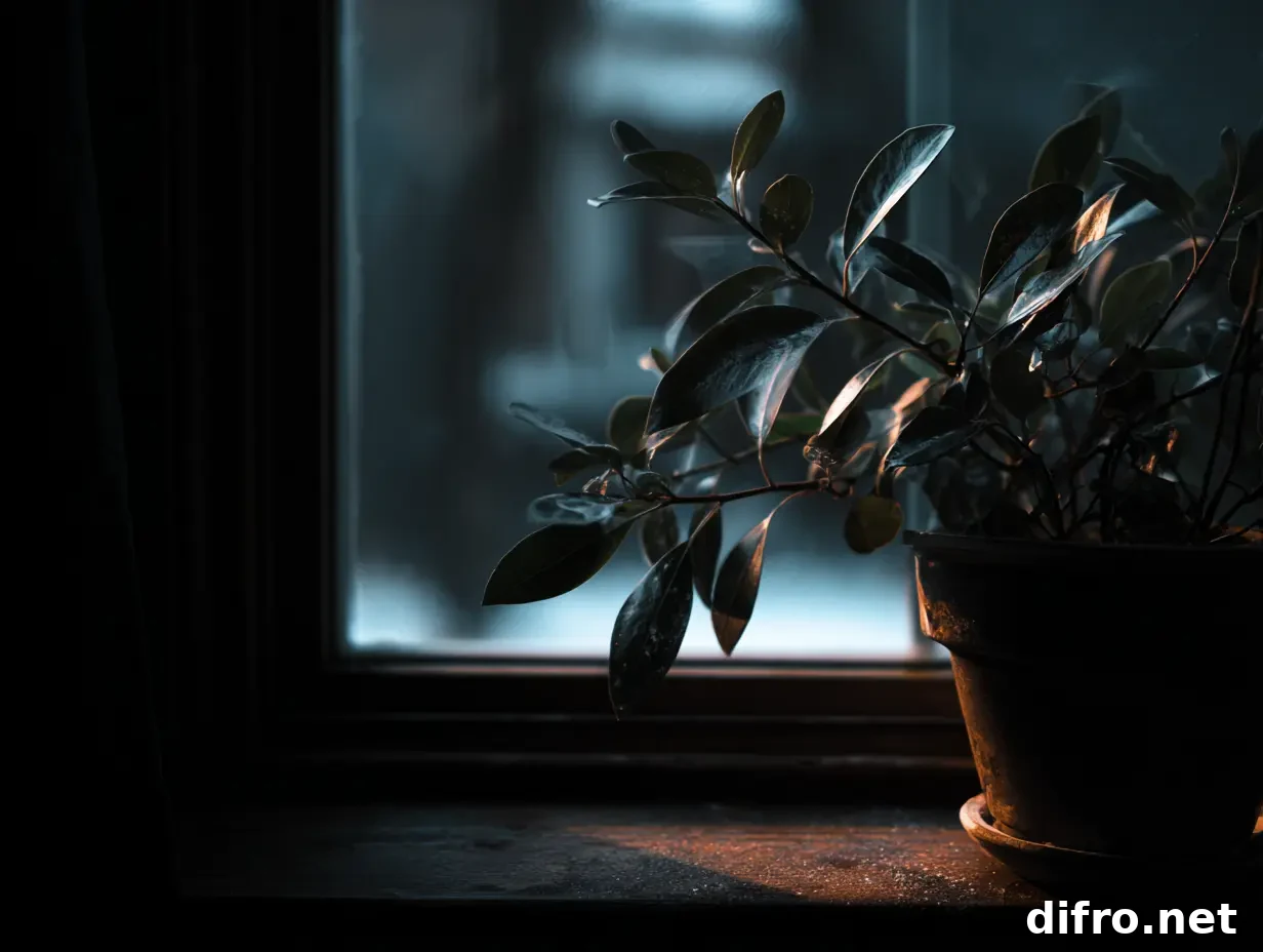 An image of a small plant in a small pot kept on a window sill during winter.